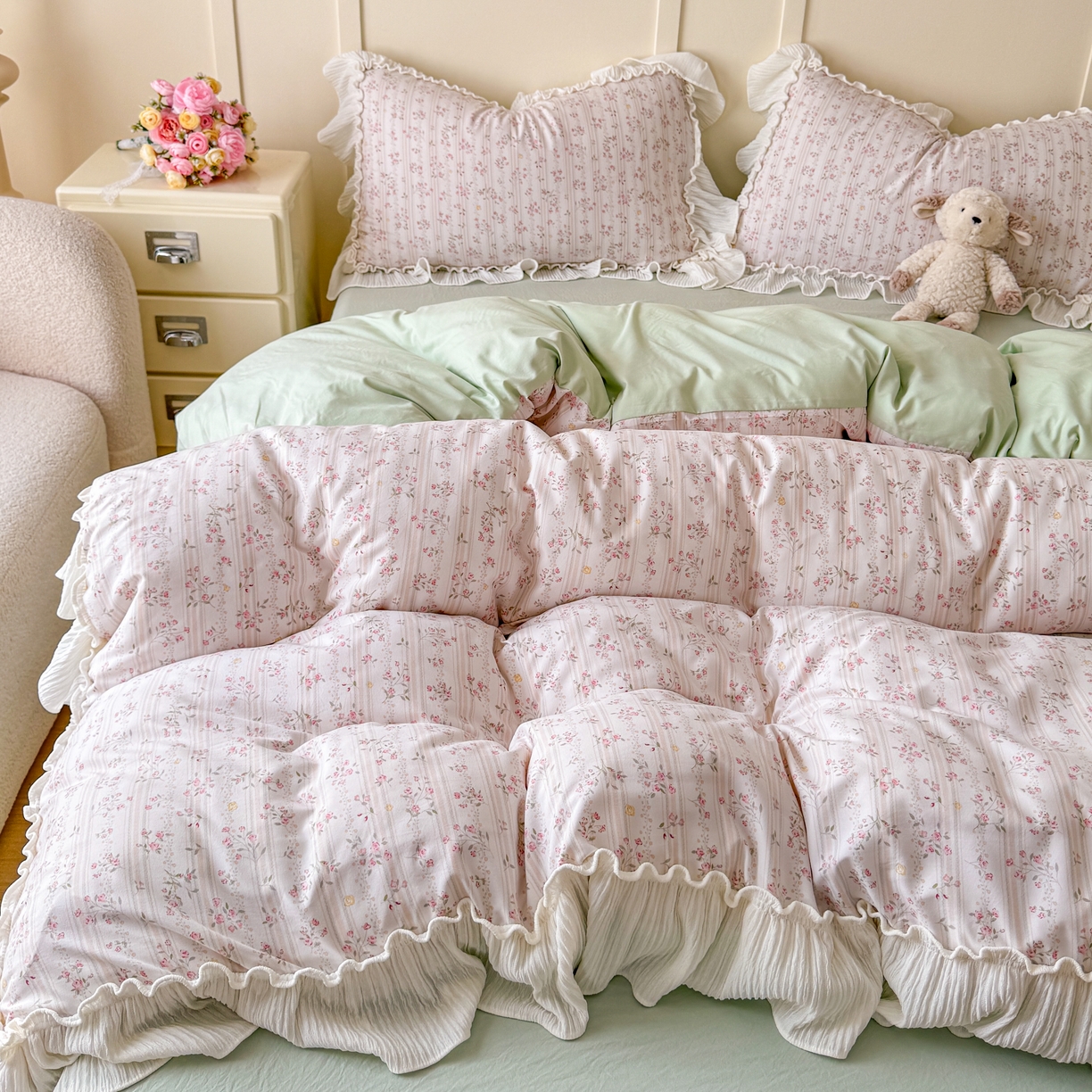 91家纺网 家纺一手货源 找家纺 橘子家 2026新款柔肤棉床单四件套 桃花诺