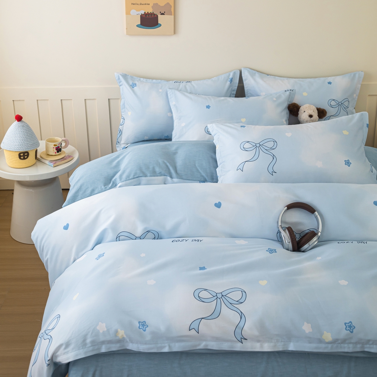 91家纺网 家纺一手货源 找家纺 梦纤绒 2026新款全棉纯棉印花四件套 蝴蝶结蓝