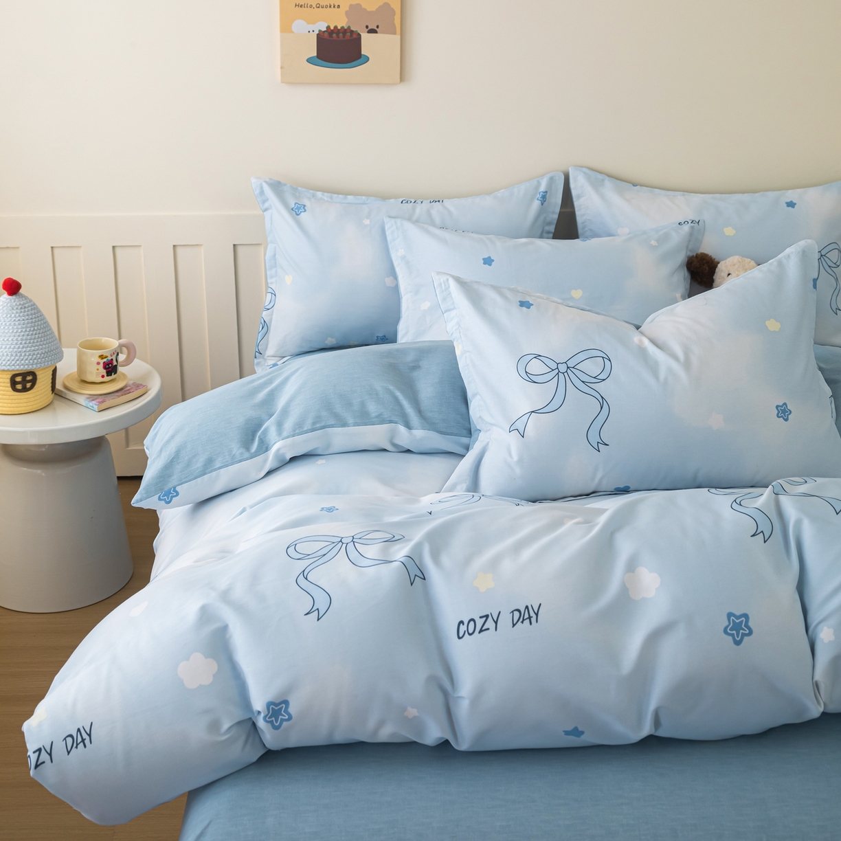 91家纺网 家纺一手货源 找家纺 梦纤绒 2026新款全棉纯棉印花四件套 蝴蝶结蓝