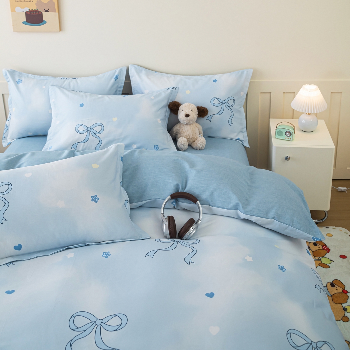 91家纺网 家纺一手货源 找家纺 梦纤绒 2026新款全棉纯棉印花四件套 蝴蝶结蓝