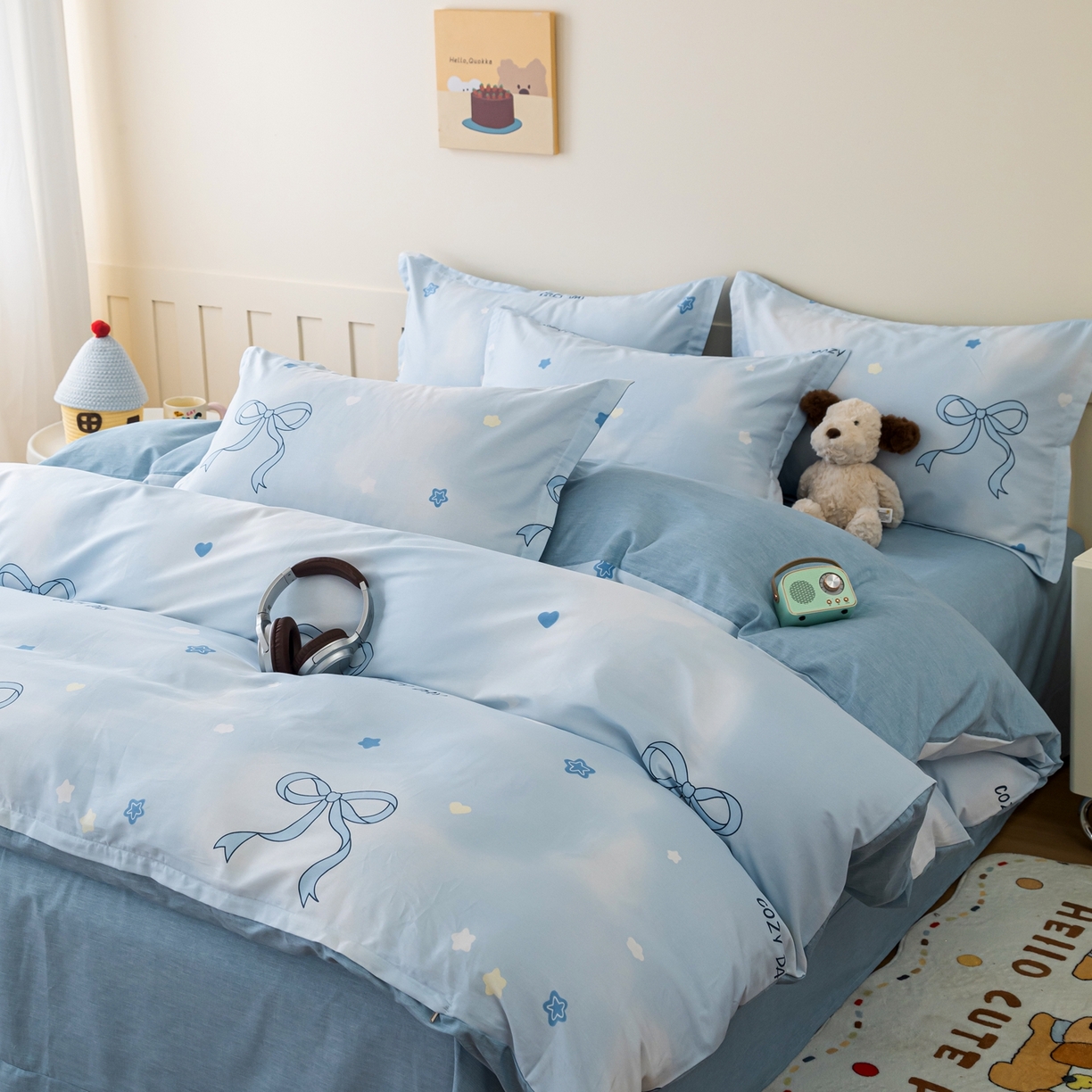 91家纺网 家纺一手货源 找家纺 梦纤绒 2026新款全棉纯棉印花四件套 蝴蝶结蓝