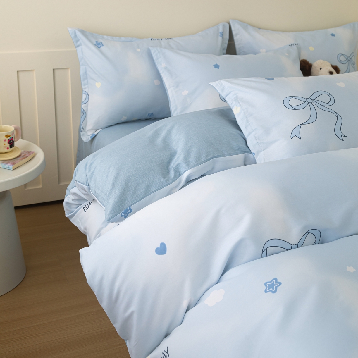 91家纺网 家纺一手货源 找家纺 梦纤绒 2026新款全棉纯棉印花四件套 蝴蝶结蓝