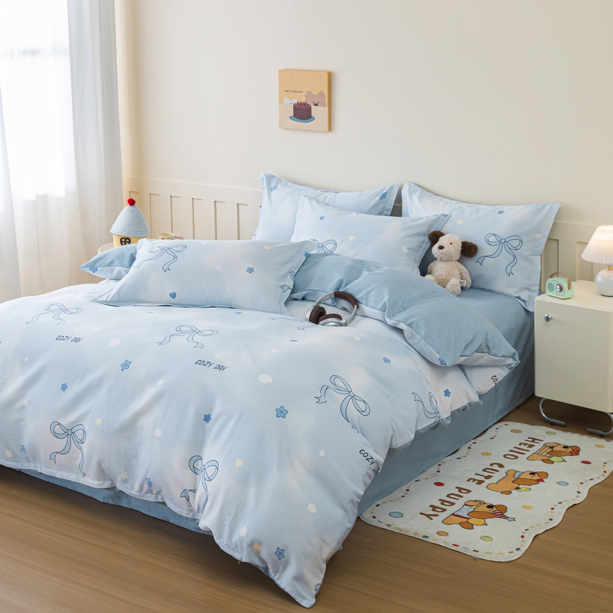 91家纺网 家纺一手货源 找家纺 梦纤绒 2026新款全棉纯棉印花四件套 蝴蝶结蓝