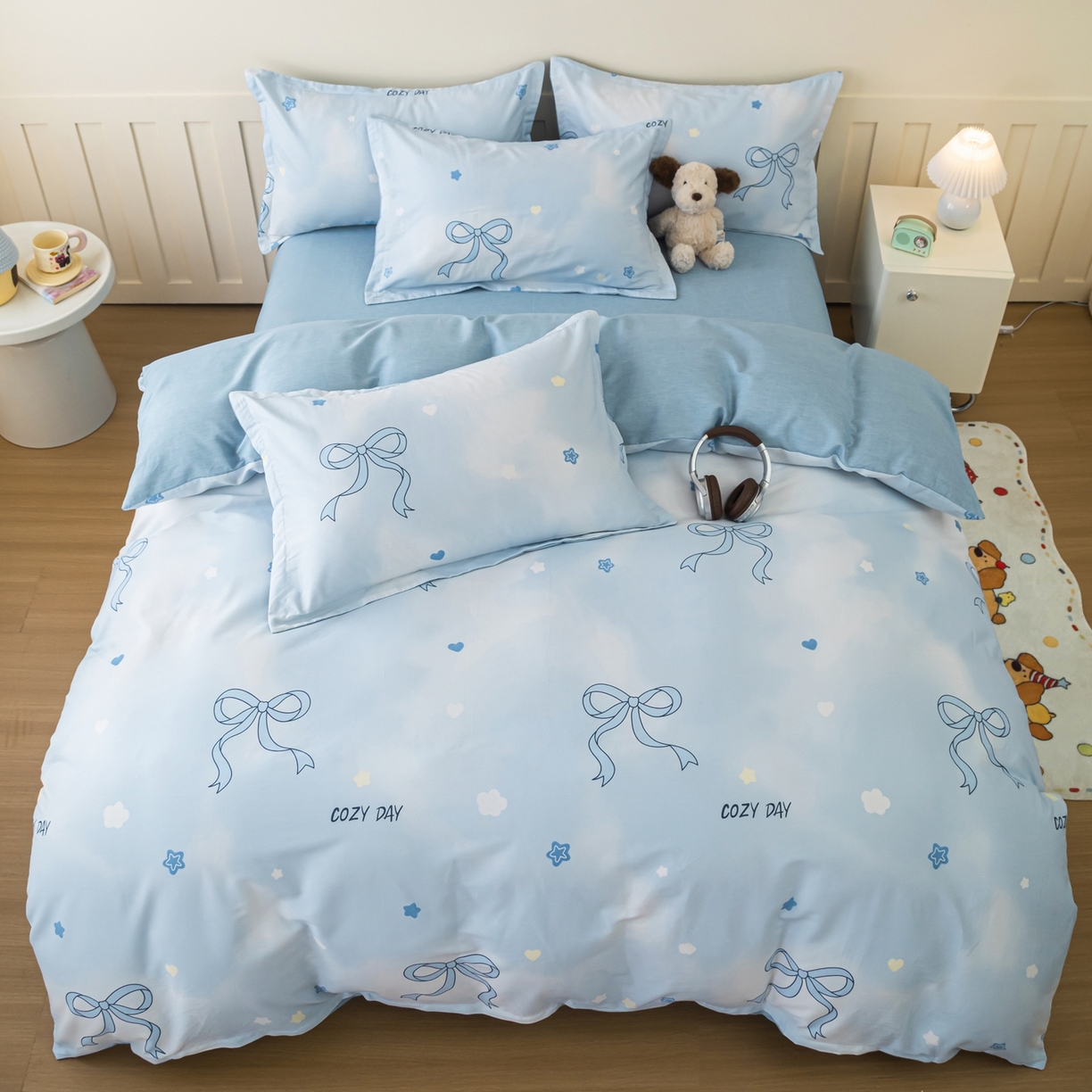 91家纺网 家纺一手货源 找家纺 梦纤绒 2026新款全棉纯棉印花四件套 蝴蝶结蓝