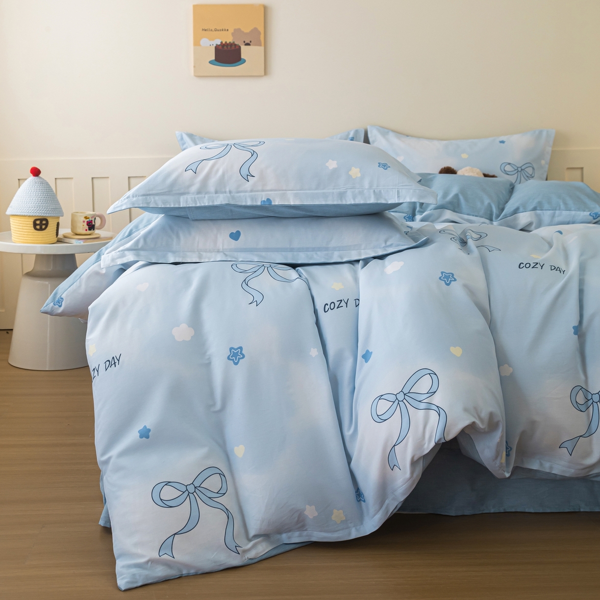 91家纺网 家纺一手货源 找家纺 梦纤绒 2026新款全棉纯棉印花四件套 蝴蝶结蓝