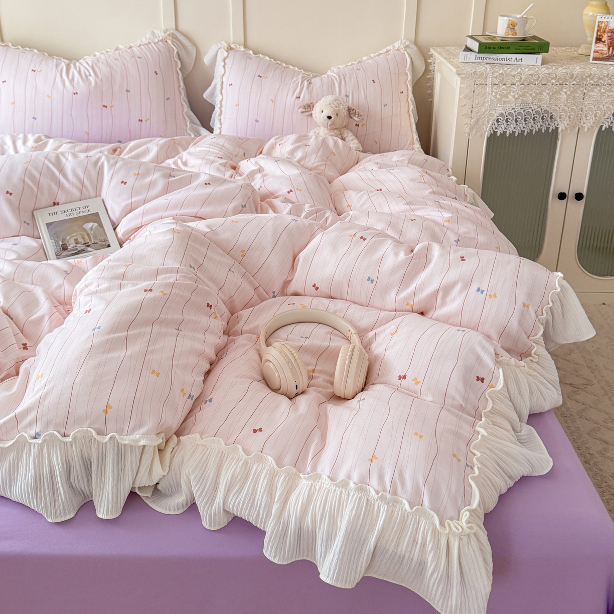 91家纺网 家纺一手货源 找家纺 橘子家 2026新款柔肤棉床单四件套 条纹奶糖