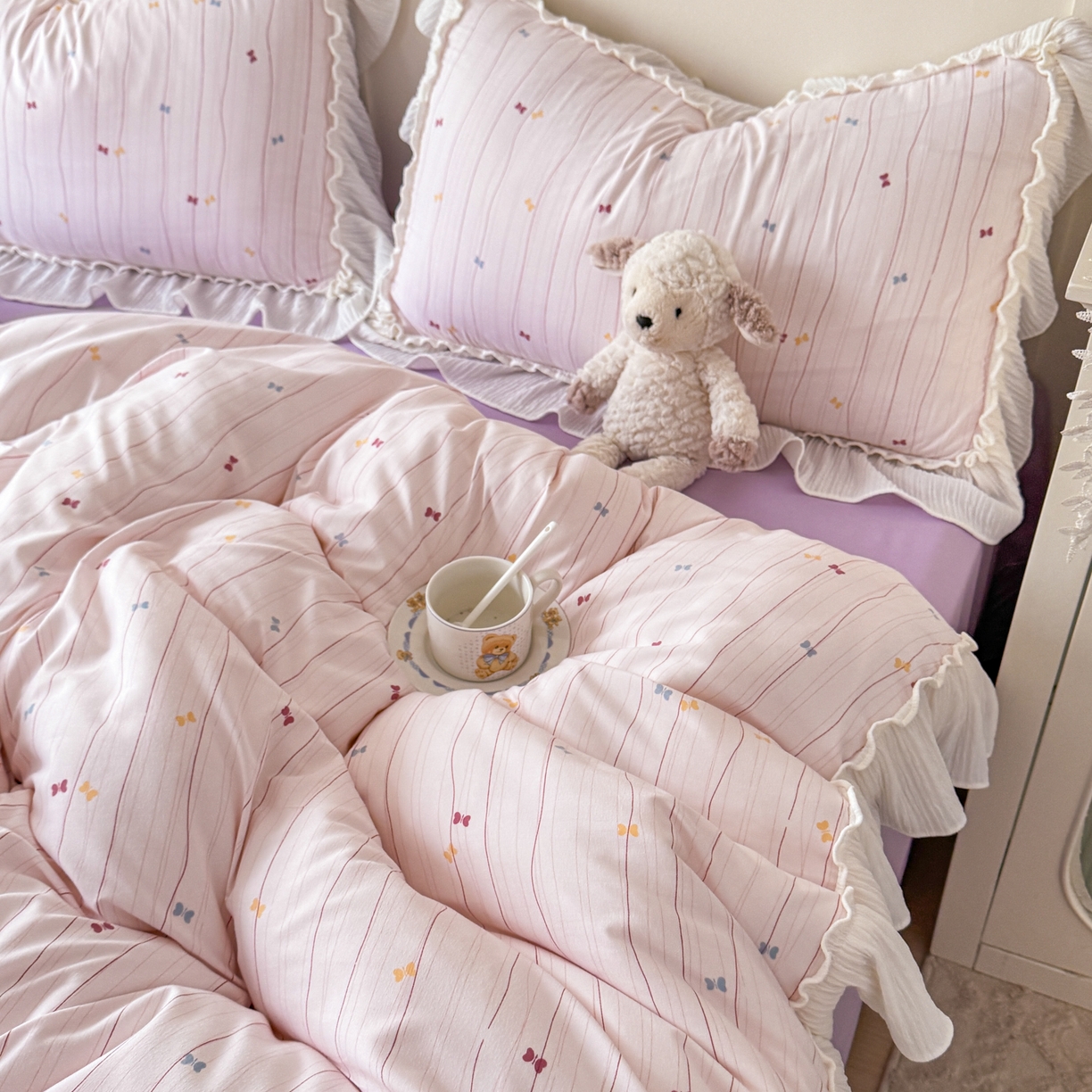 91家纺网 家纺一手货源 找家纺 橘子家 2026新款柔肤棉床单四件套 条纹奶糖