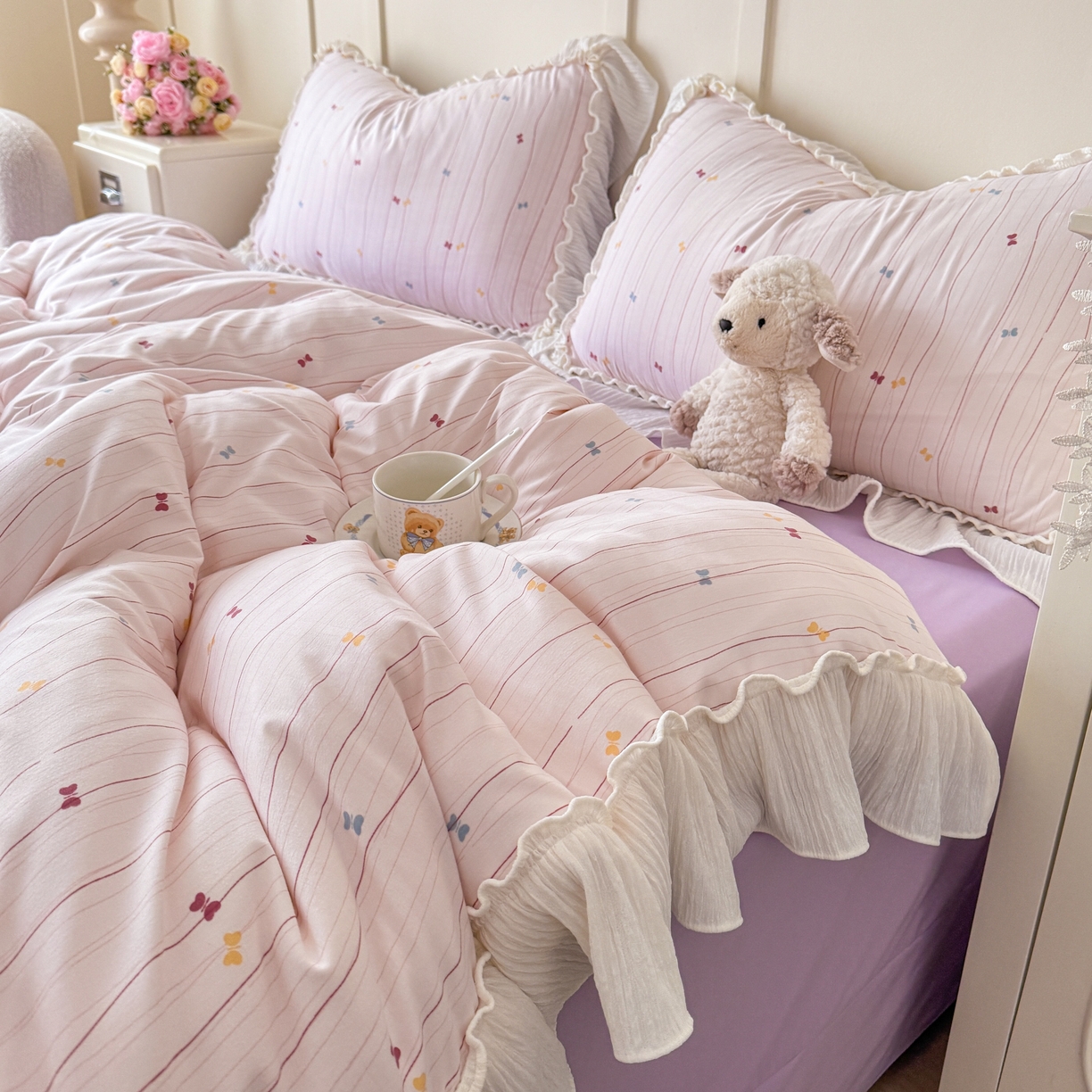 91家纺网 家纺一手货源 找家纺 橘子家 2026新款柔肤棉床单四件套 条纹奶糖