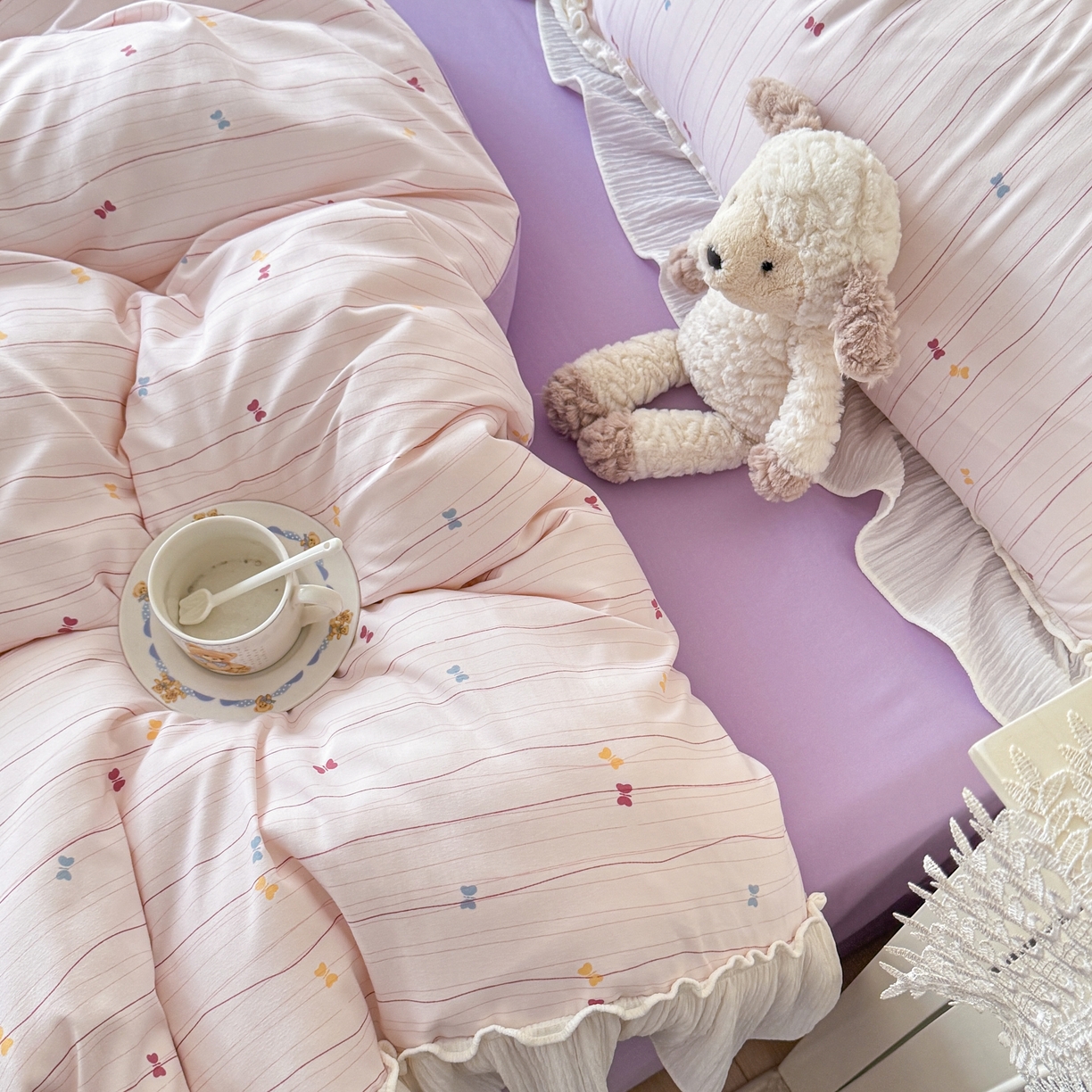 91家纺网 家纺一手货源 找家纺 橘子家 2026新款柔肤棉床单四件套 条纹奶糖