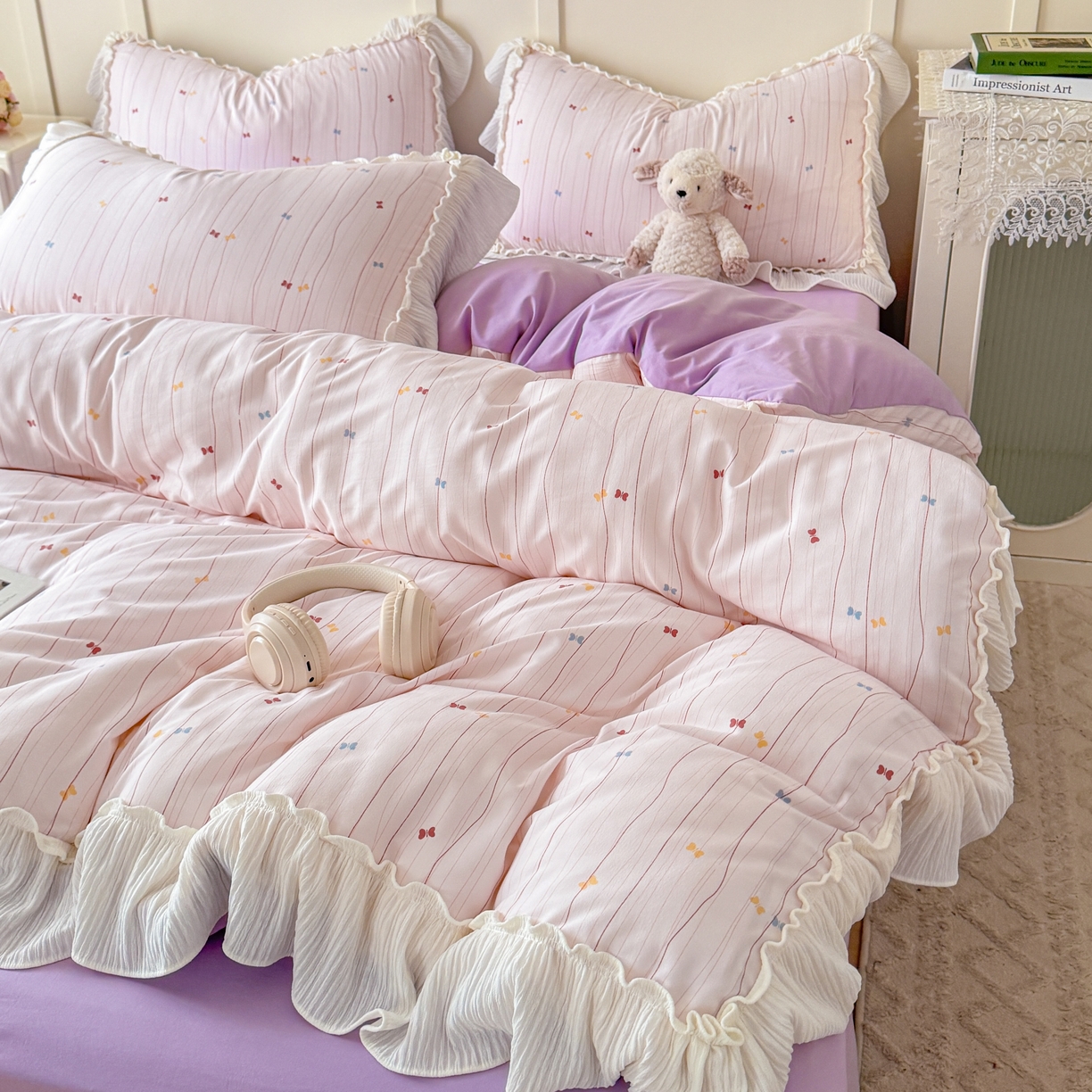 91家纺网 家纺一手货源 找家纺 橘子家 2026新款柔肤棉床单四件套 条纹奶糖