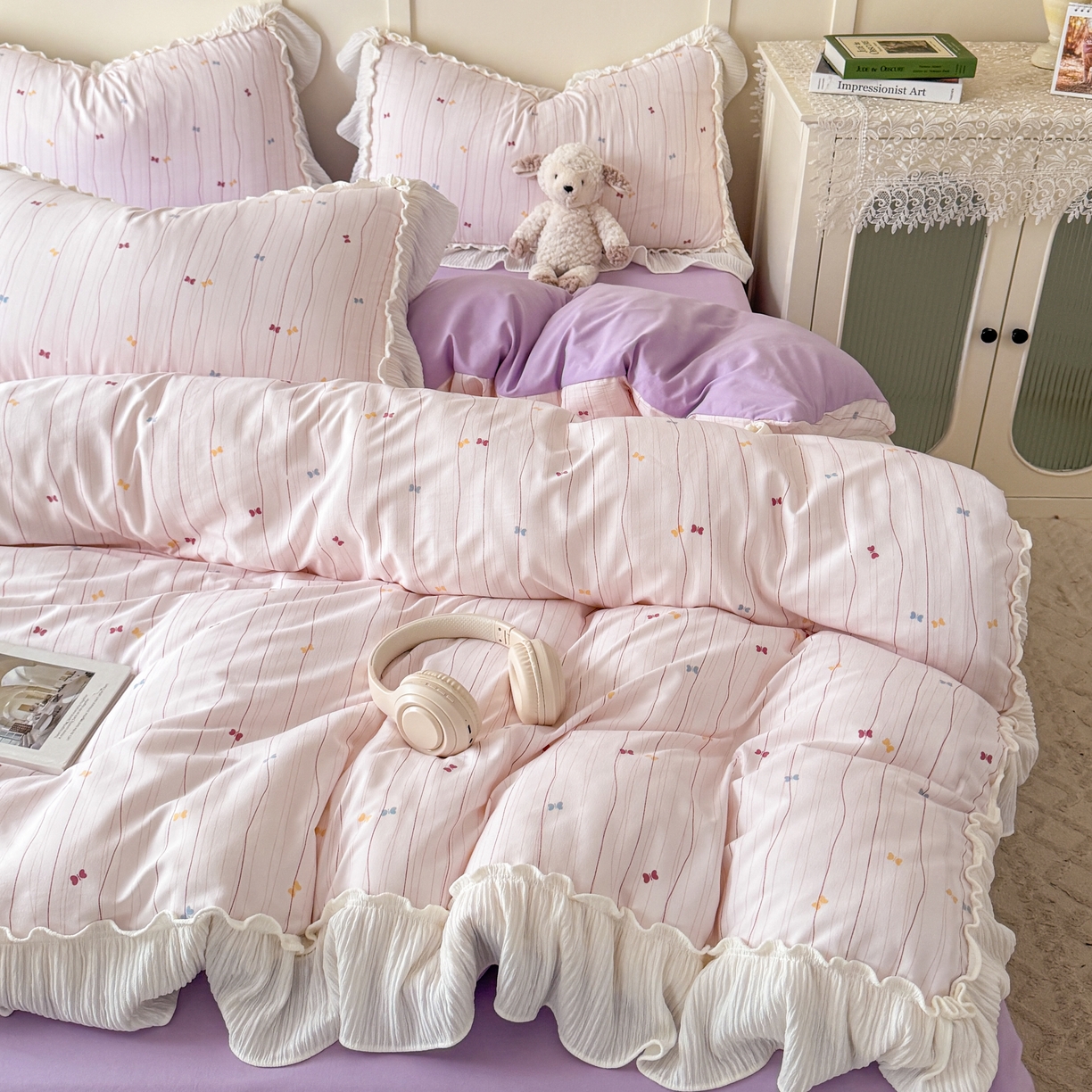 91家纺网 家纺一手货源 找家纺 橘子家 2026新款柔肤棉床单四件套 条纹奶糖