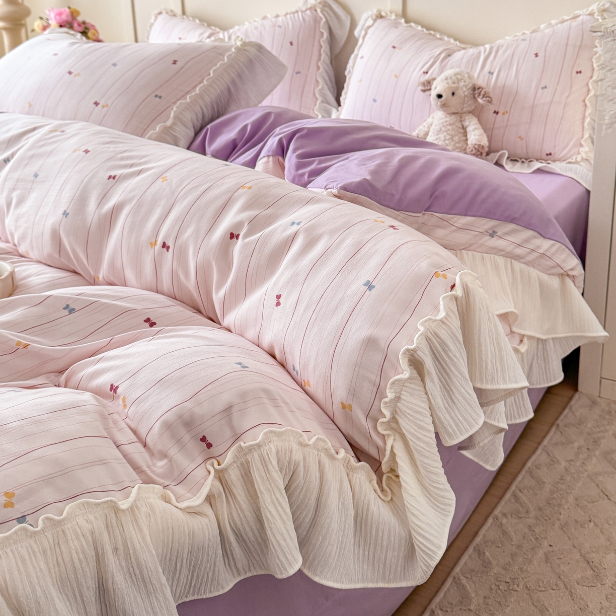 91家纺网 家纺一手货源 找家纺 橘子家 2026新款柔肤棉床单四件套 条纹奶糖