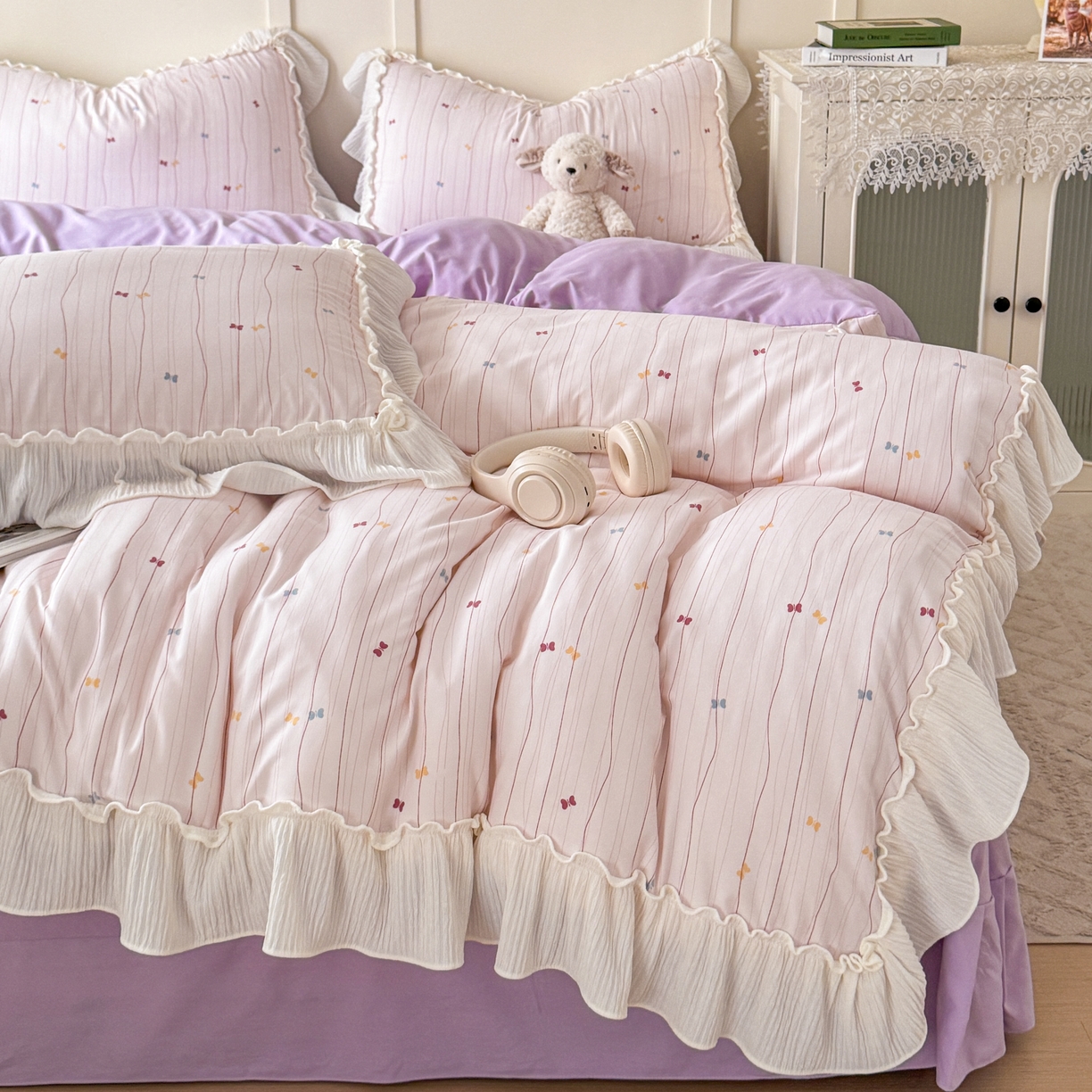 91家纺网 家纺一手货源 找家纺 橘子家 2026新款柔肤棉床单四件套 条纹奶糖