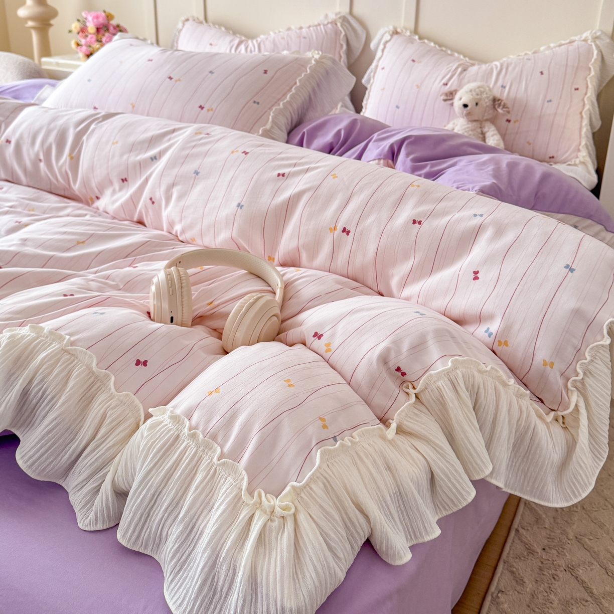 91家纺网 家纺一手货源 找家纺 橘子家 2026新款柔肤棉床单四件套 条纹奶糖