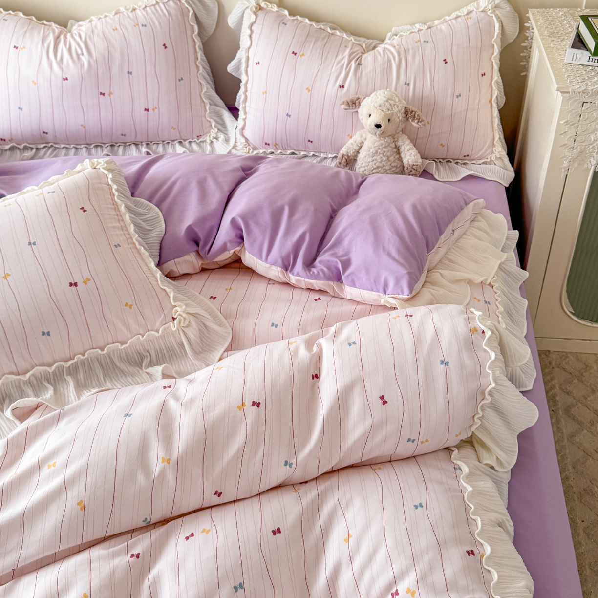 91家纺网 家纺一手货源 找家纺 橘子家 2026新款柔肤棉床单四件套 条纹奶糖