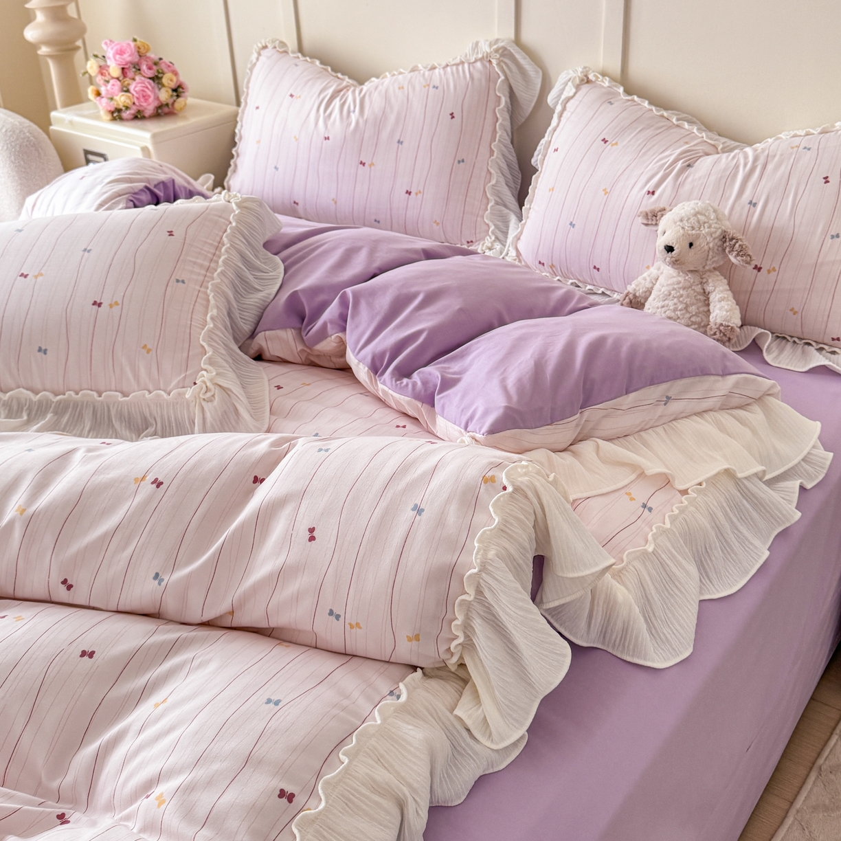 91家纺网 家纺一手货源 找家纺 橘子家 2026新款柔肤棉床单四件套 条纹奶糖