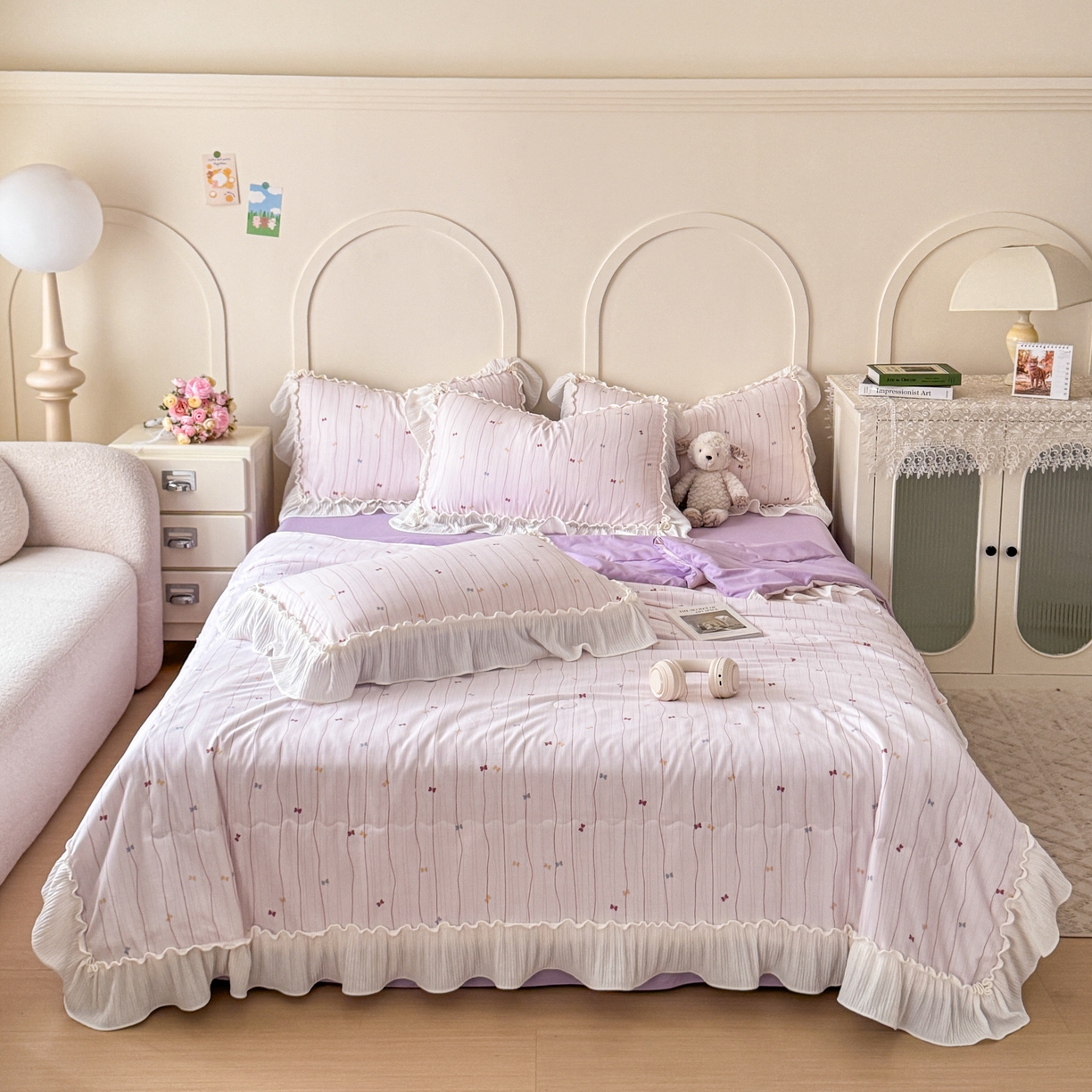 91家纺网 家纺一手货源 找家纺 橘子家 2026新款柔肤棉床单四件套 条纹奶糖