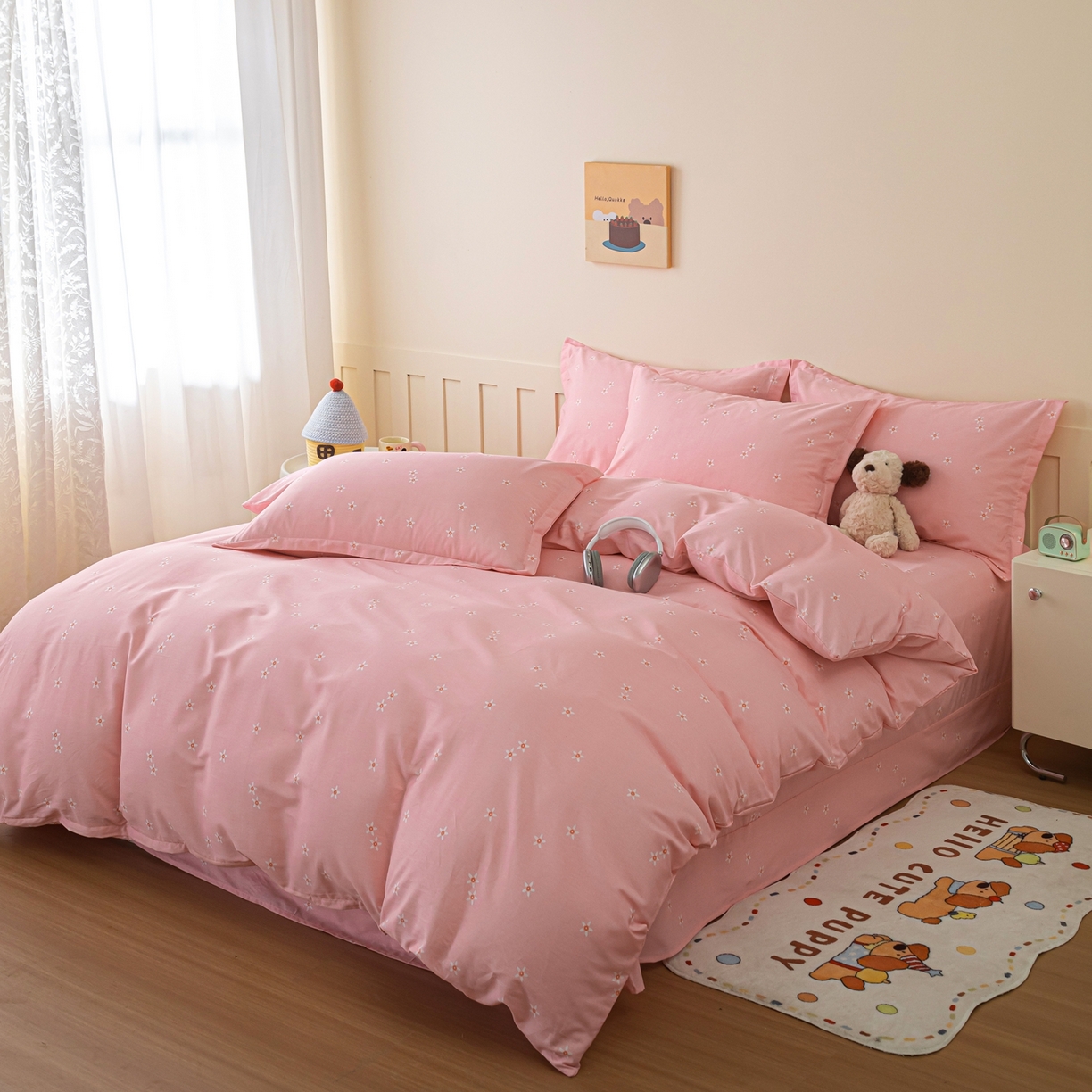 91家纺网 家纺一手货源 找家纺 梦纤绒 2026新款全棉纯棉印花四件套 粉底花