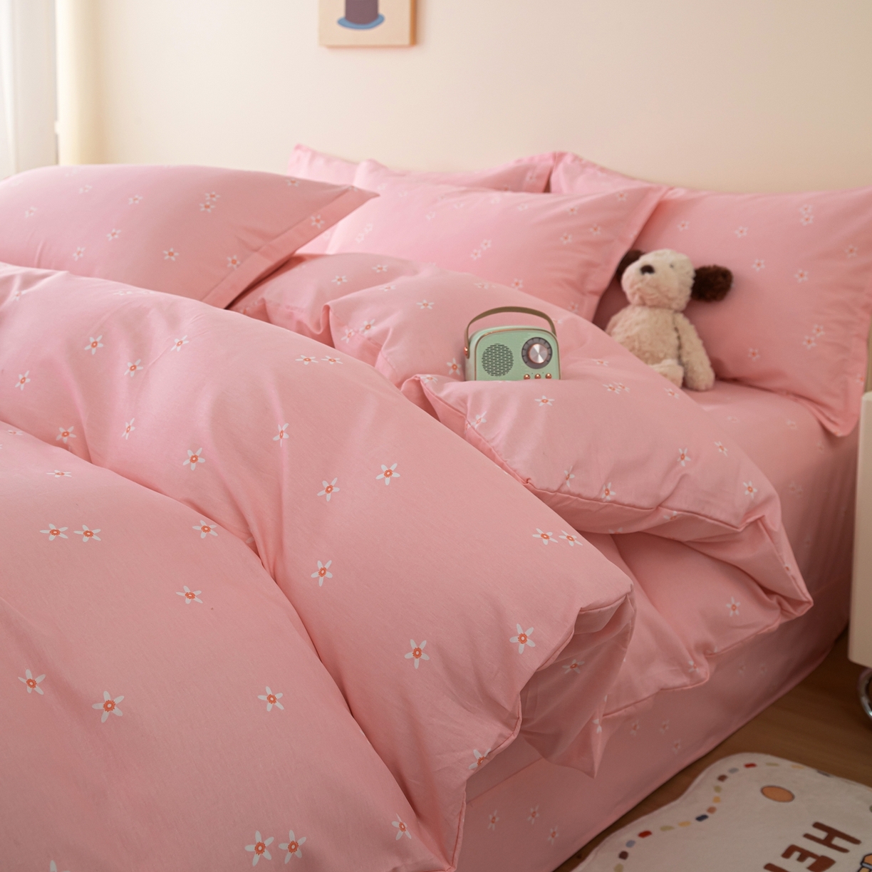 91家纺网 家纺一手货源 找家纺 梦纤绒 2026新款全棉纯棉印花四件套 粉底花