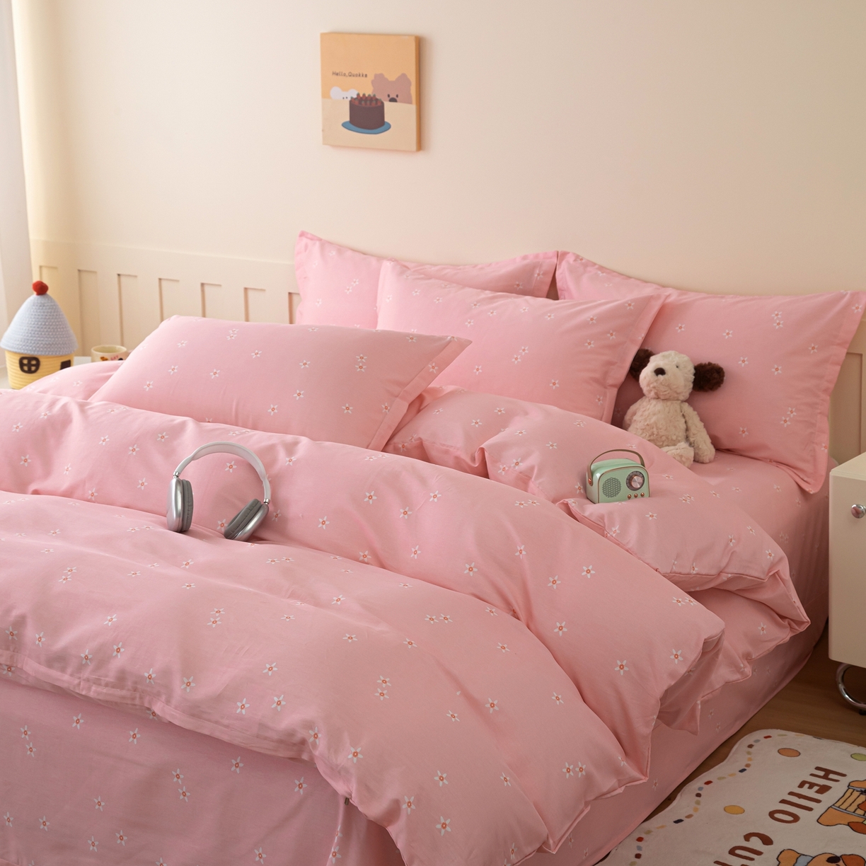 91家纺网 家纺一手货源 找家纺 梦纤绒 2026新款全棉纯棉印花四件套 粉底花