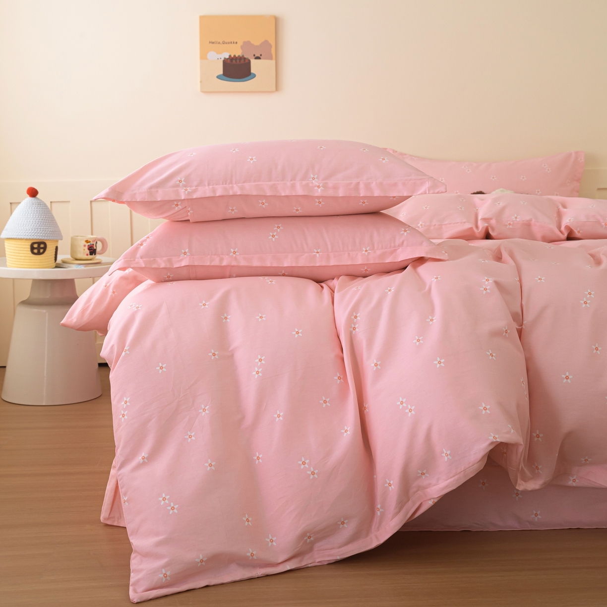 91家纺网 家纺一手货源 找家纺 梦纤绒 2026新款全棉纯棉印花四件套 粉底花