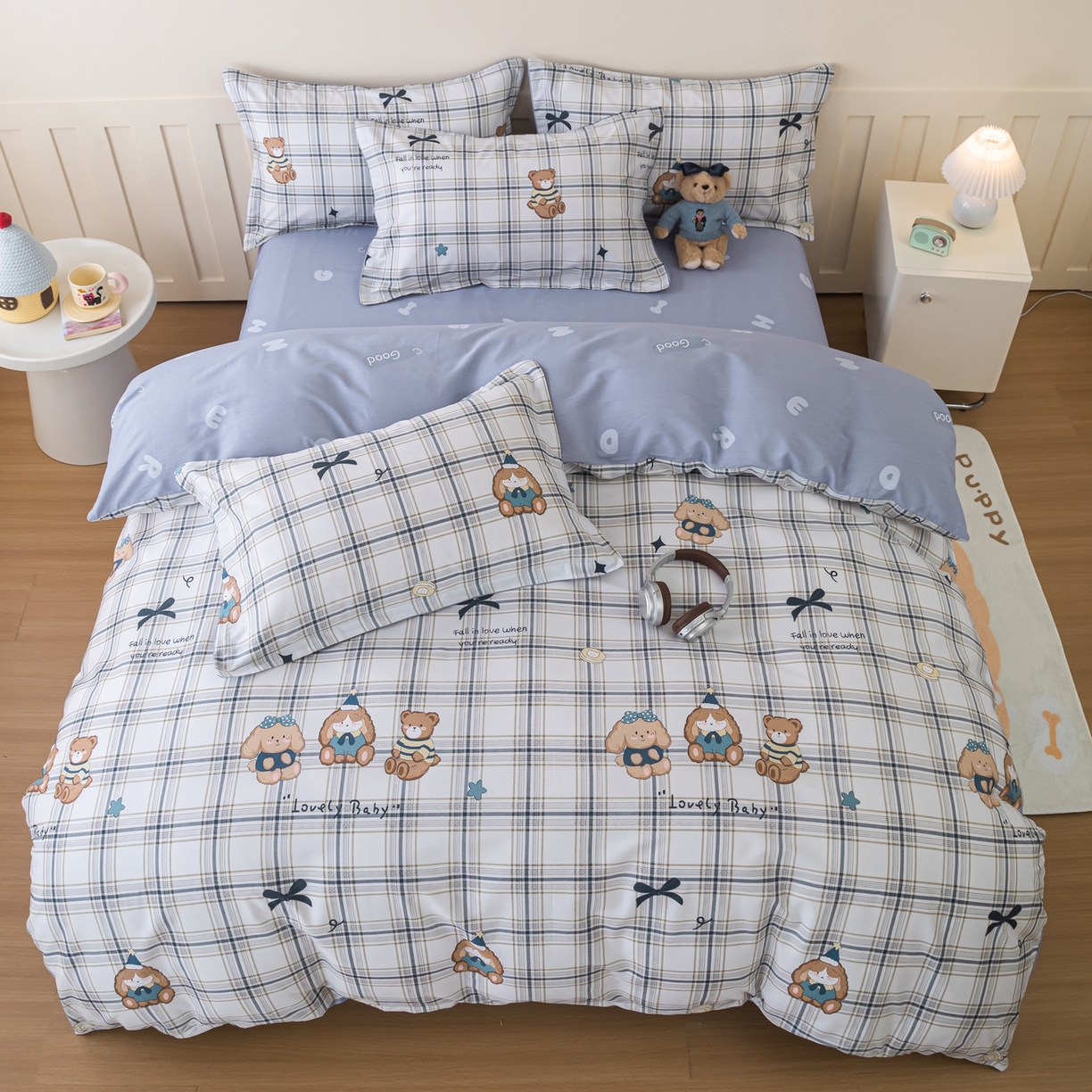 91家纺网 家纺一手货源 找家纺 梦纤绒 2026新款全棉纯棉印花四件套 蓝格童伴