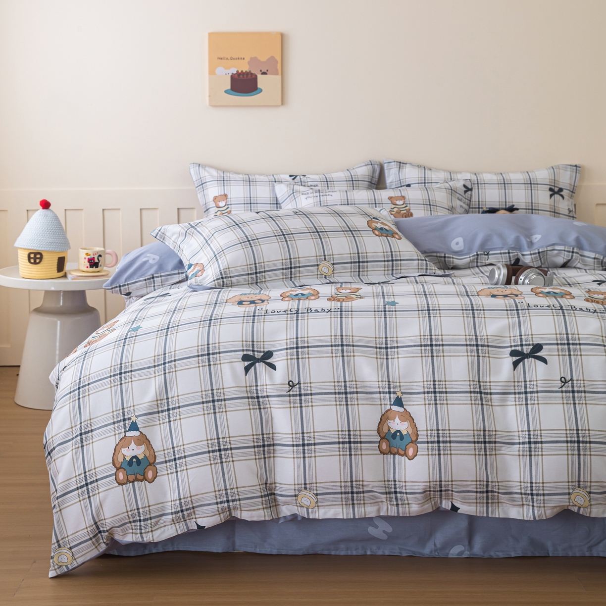 91家纺网 家纺一手货源 找家纺 梦纤绒 2026新款全棉纯棉印花四件套 蓝格童伴