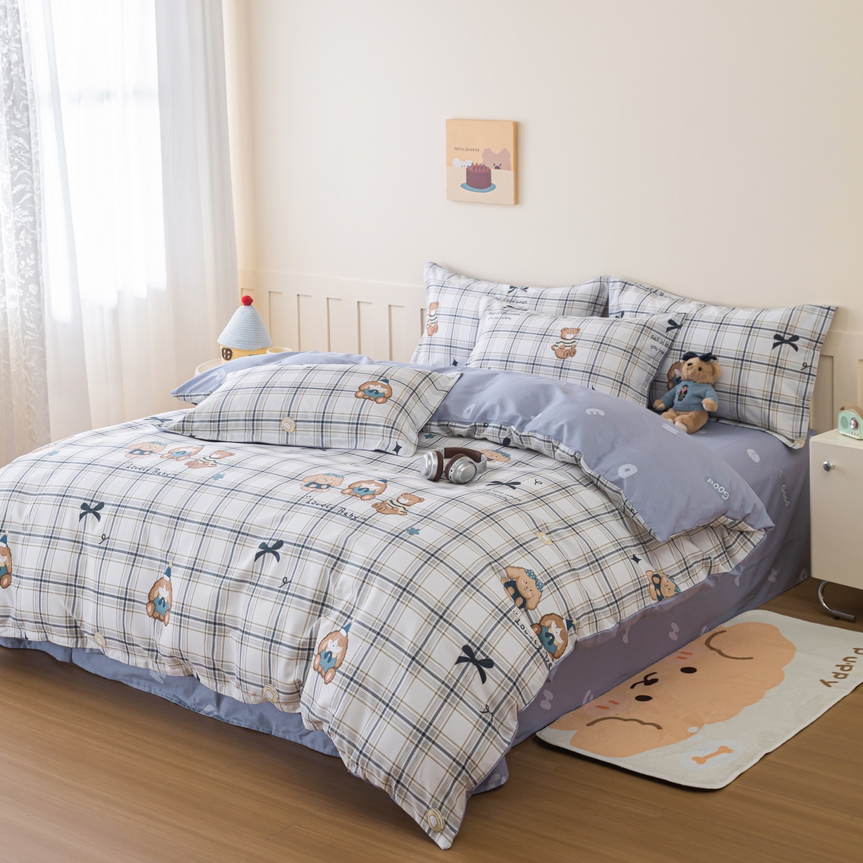 91家纺网 家纺一手货源 找家纺 梦纤绒 2026新款全棉纯棉印花四件套 蓝格童伴