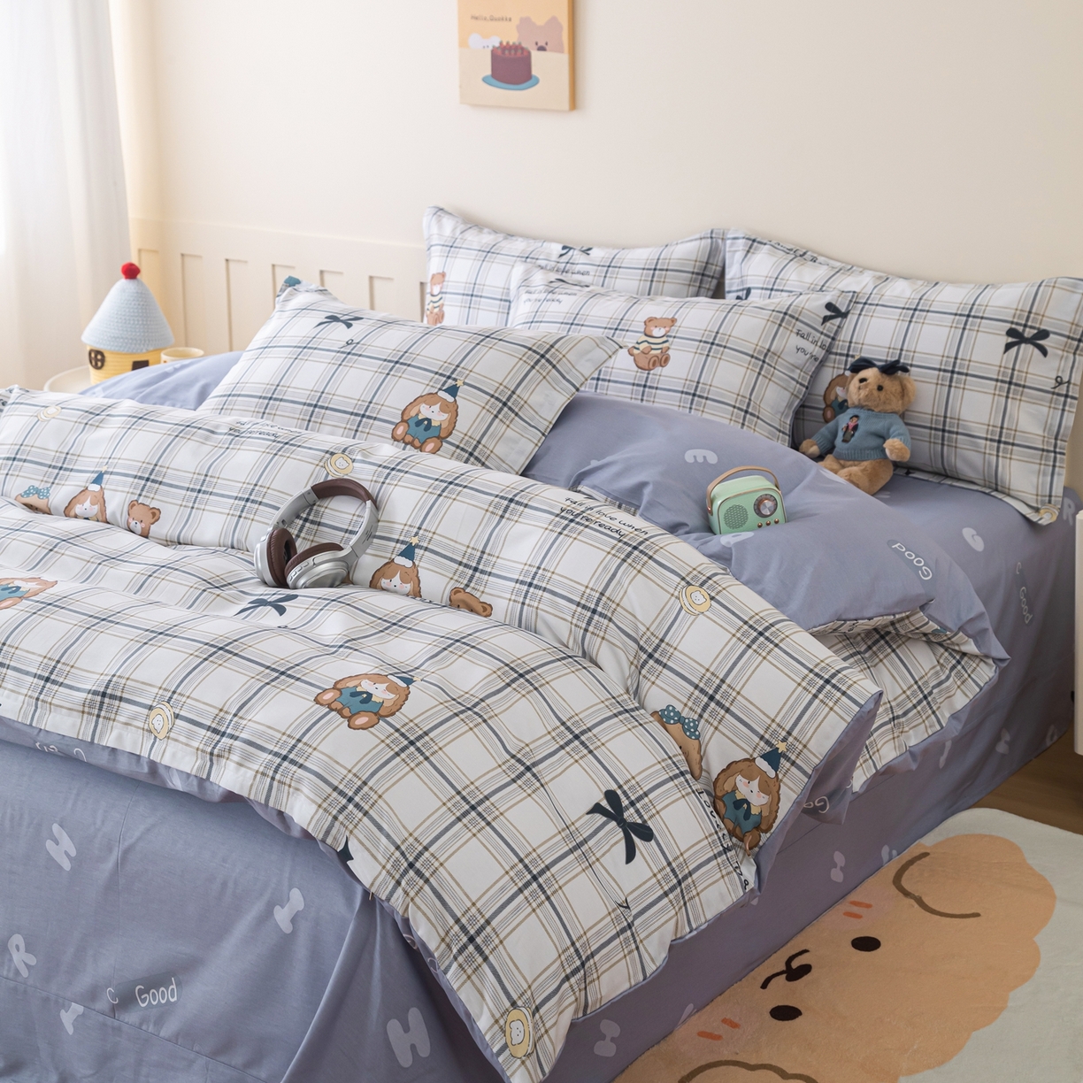 91家纺网 家纺一手货源 找家纺 梦纤绒 2026新款全棉纯棉印花四件套 蓝格童伴