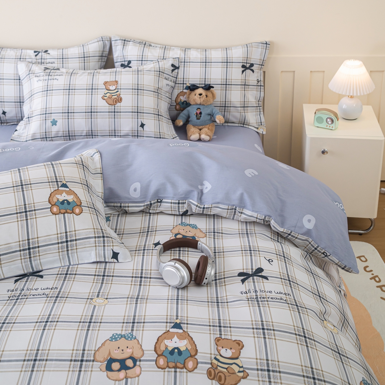 91家纺网 家纺一手货源 找家纺 梦纤绒 2026新款全棉纯棉印花四件套 蓝格童伴