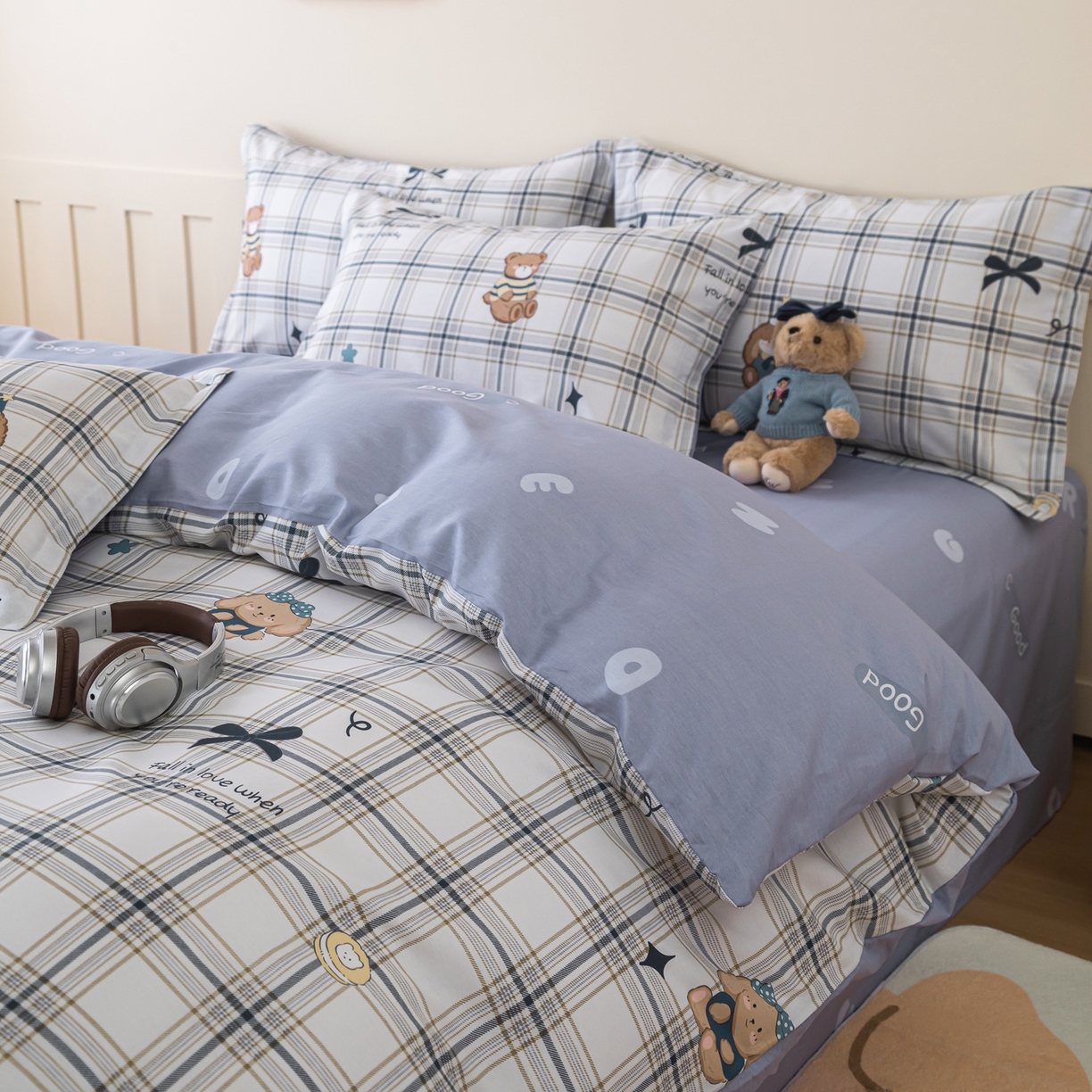 91家纺网 家纺一手货源 找家纺 梦纤绒 2026新款全棉纯棉印花四件套 蓝格童伴