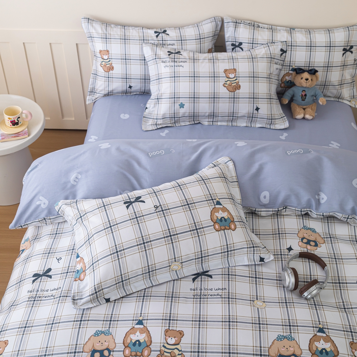 91家纺网 家纺一手货源 找家纺 梦纤绒 2026新款全棉纯棉印花四件套 蓝格童伴