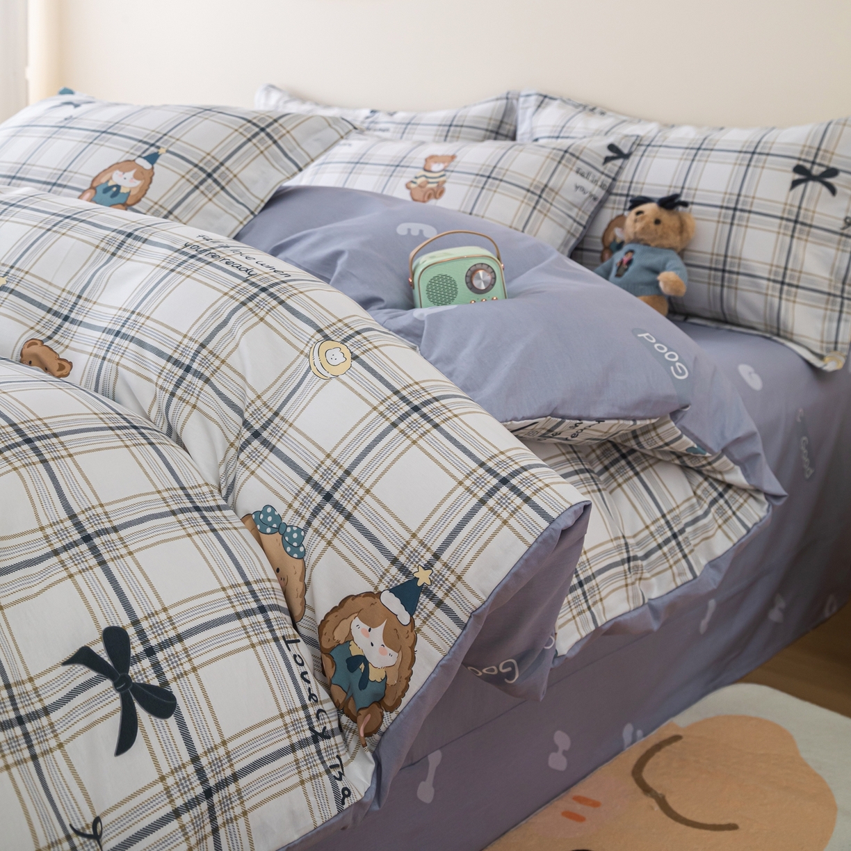 91家纺网 家纺一手货源 找家纺 梦纤绒 2026新款全棉纯棉印花四件套 蓝格童伴