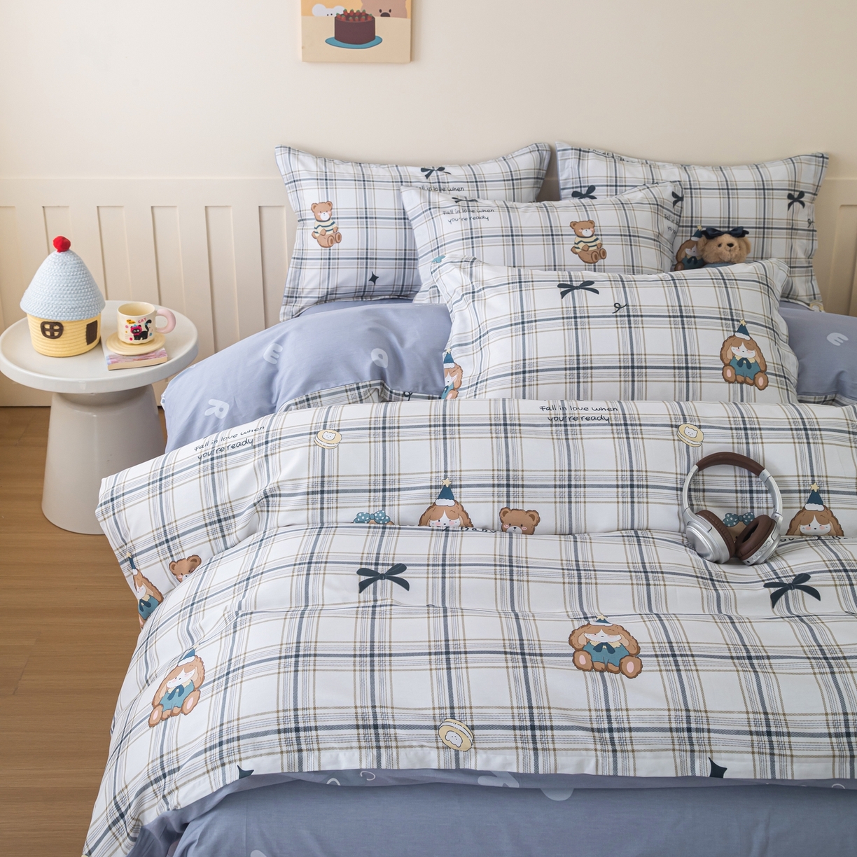 91家纺网 家纺一手货源 找家纺 梦纤绒 2026新款全棉纯棉印花四件套 蓝格童伴