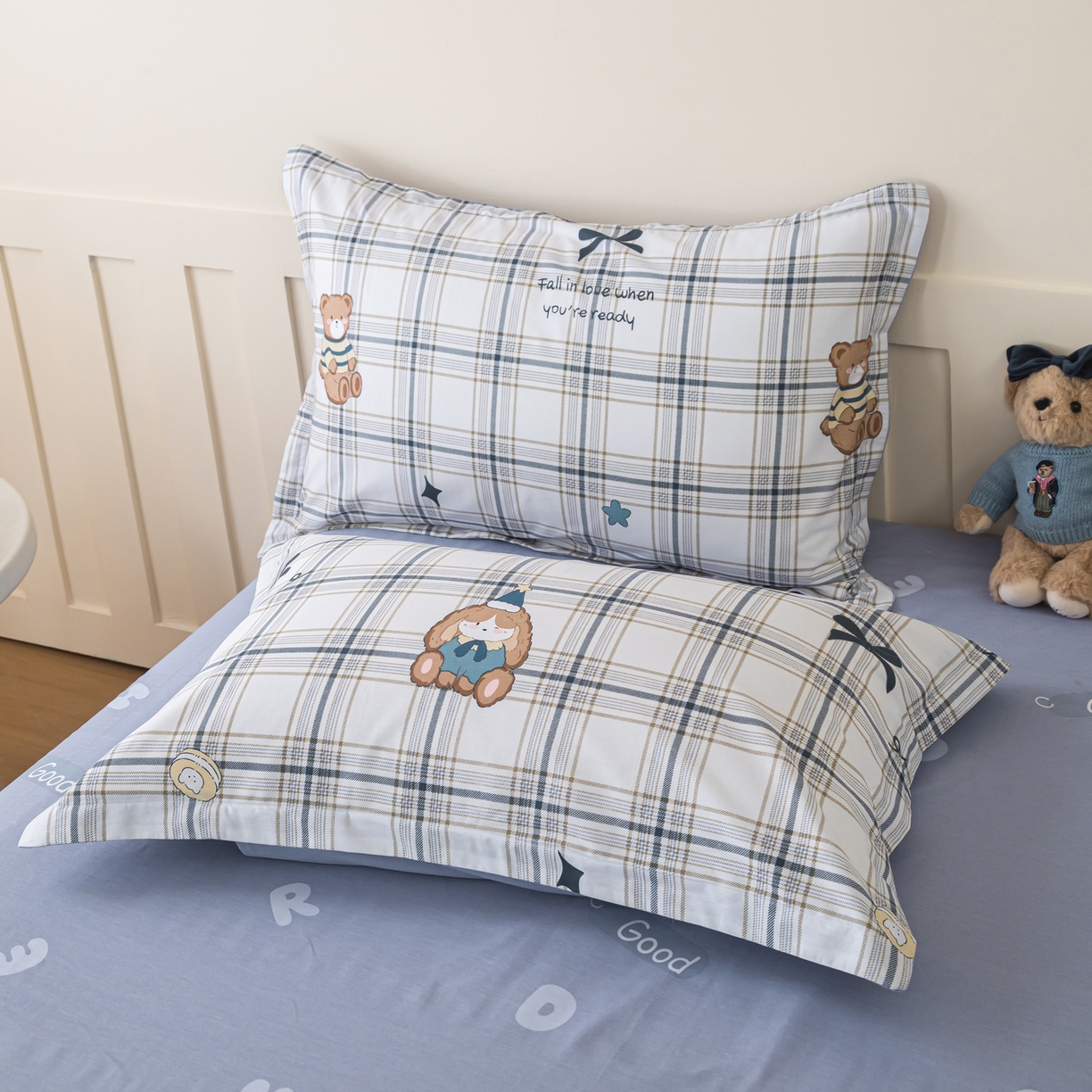 91家纺网 家纺一手货源 找家纺 梦纤绒 2026新款全棉纯棉印花四件套 蓝格童伴