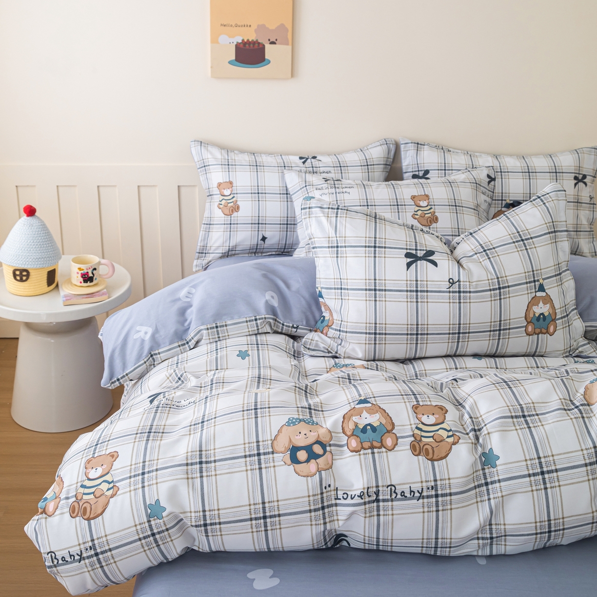 91家纺网 家纺一手货源 找家纺 梦纤绒 2026新款全棉纯棉印花四件套 蓝格童伴