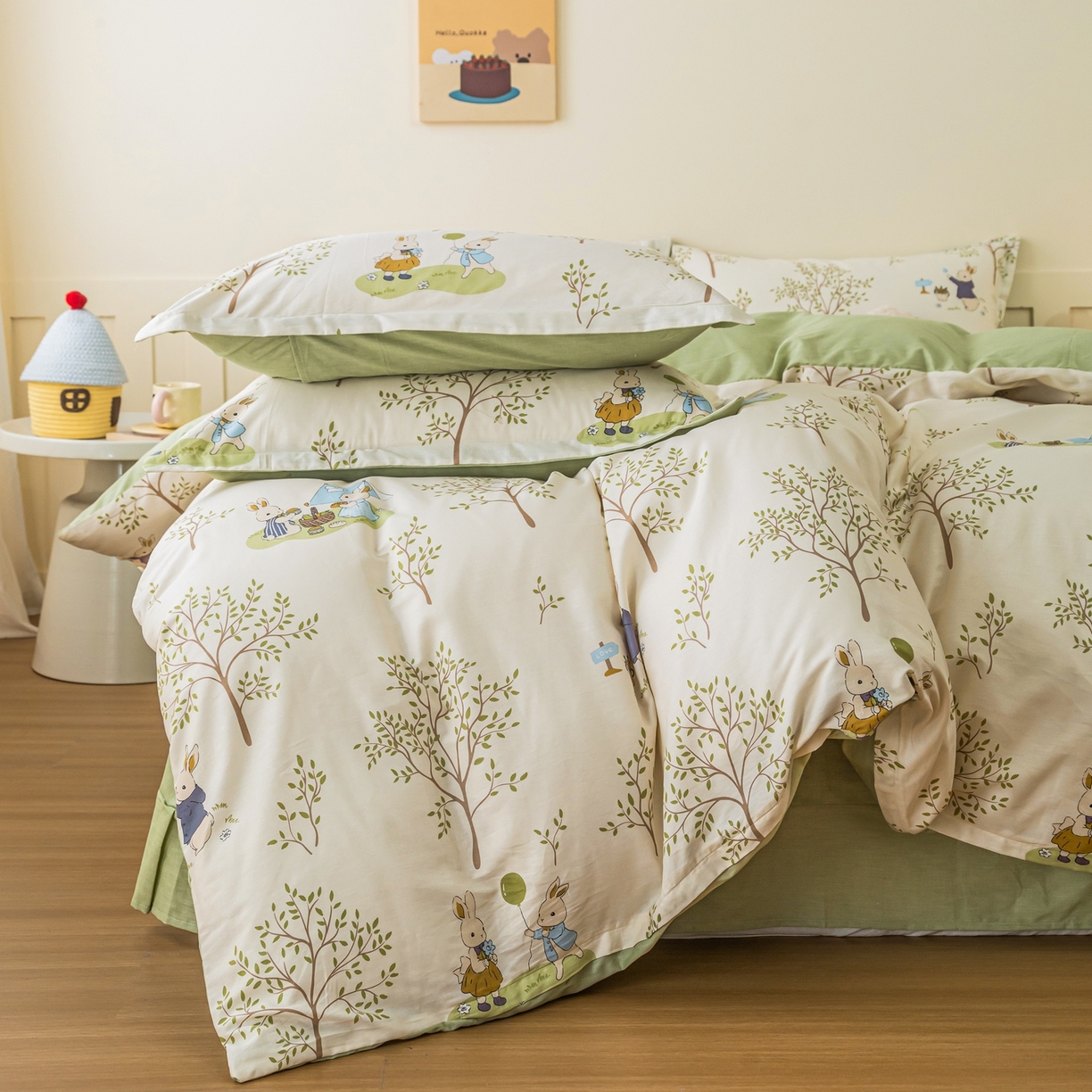 91家纺网 家纺一手货源 找家纺 梦纤绒 2026新款全棉纯棉印花四件套 森林兔