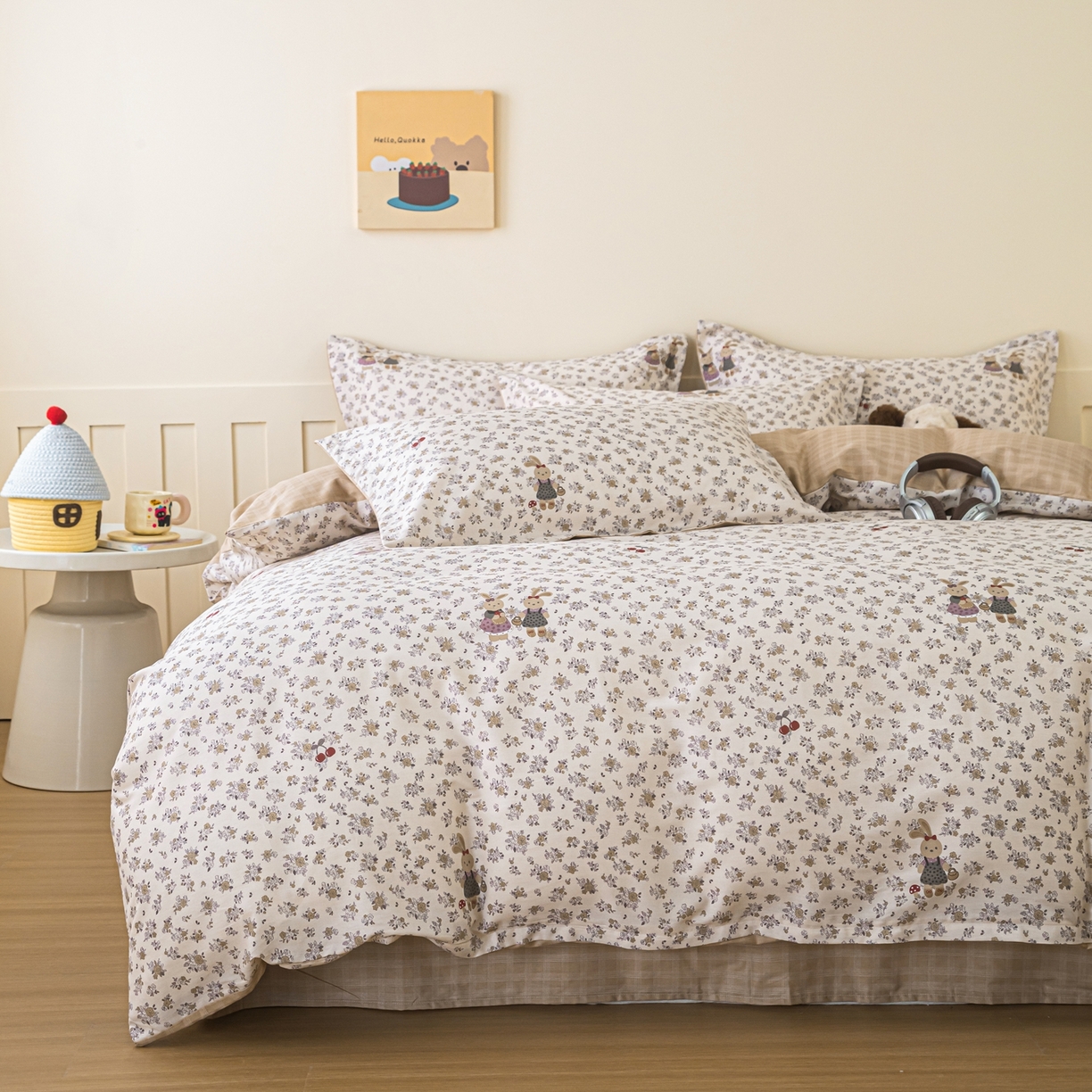 91家纺网 家纺一手货源 找家纺 梦纤绒 2026新款全棉纯棉印花四件套 花园兔