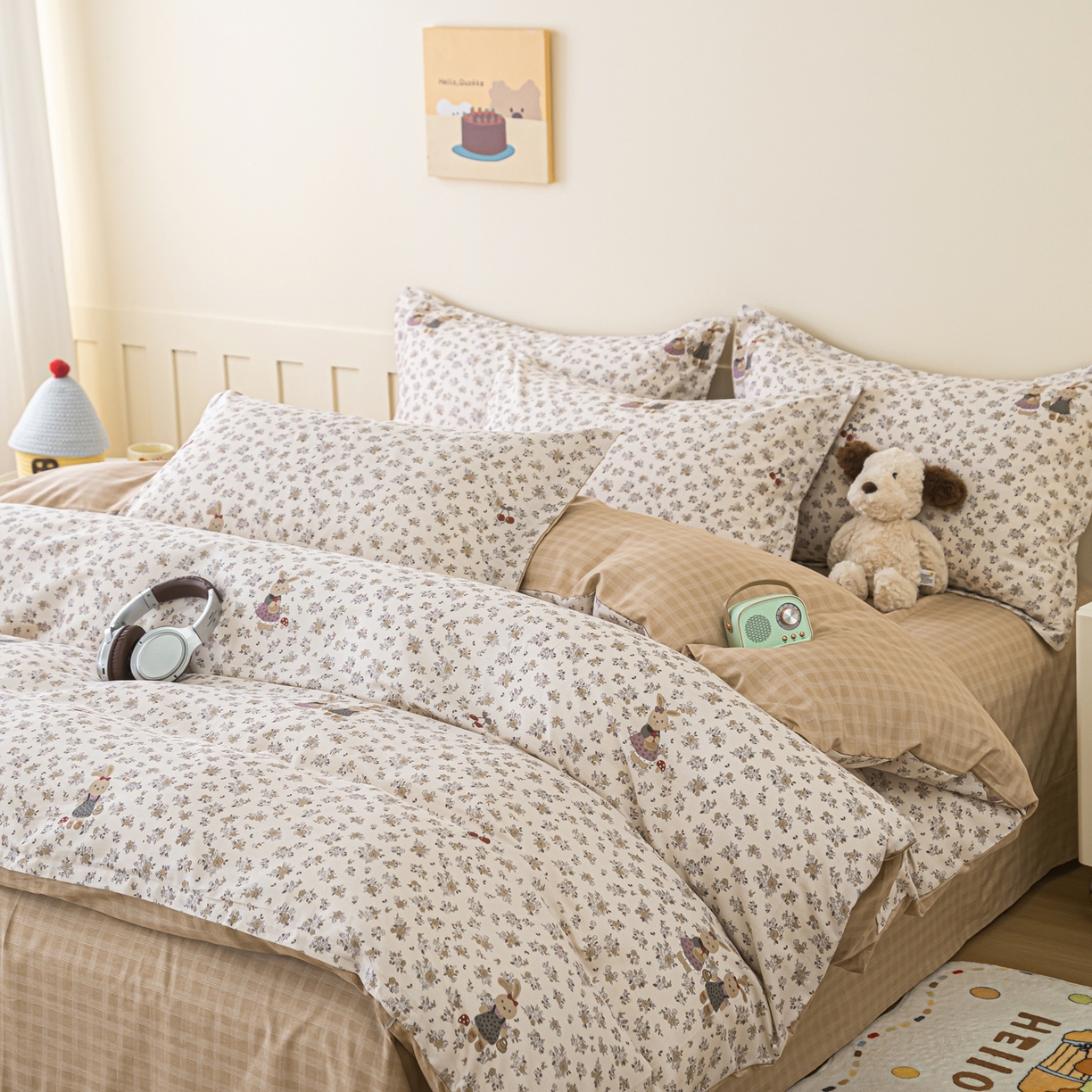 91家纺网 家纺一手货源 找家纺 梦纤绒 2026新款全棉纯棉印花四件套 花园兔