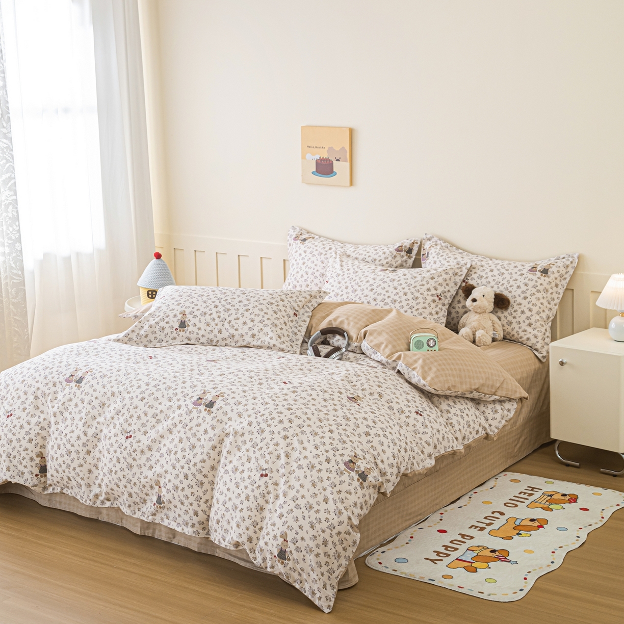 91家纺网 家纺一手货源 找家纺 梦纤绒 2026新款全棉纯棉印花四件套 花园兔