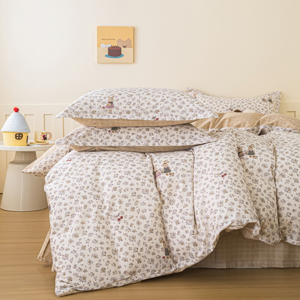 91家纺网 家纺一手货源 找家纺 梦纤绒 2026新款全棉纯棉印花四件套 花园兔