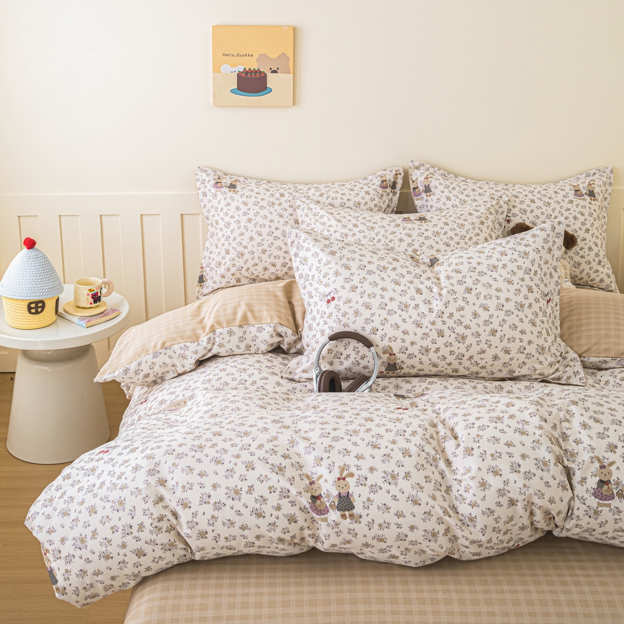 91家纺网 家纺一手货源 找家纺 梦纤绒 2026新款全棉纯棉印花四件套 花园兔