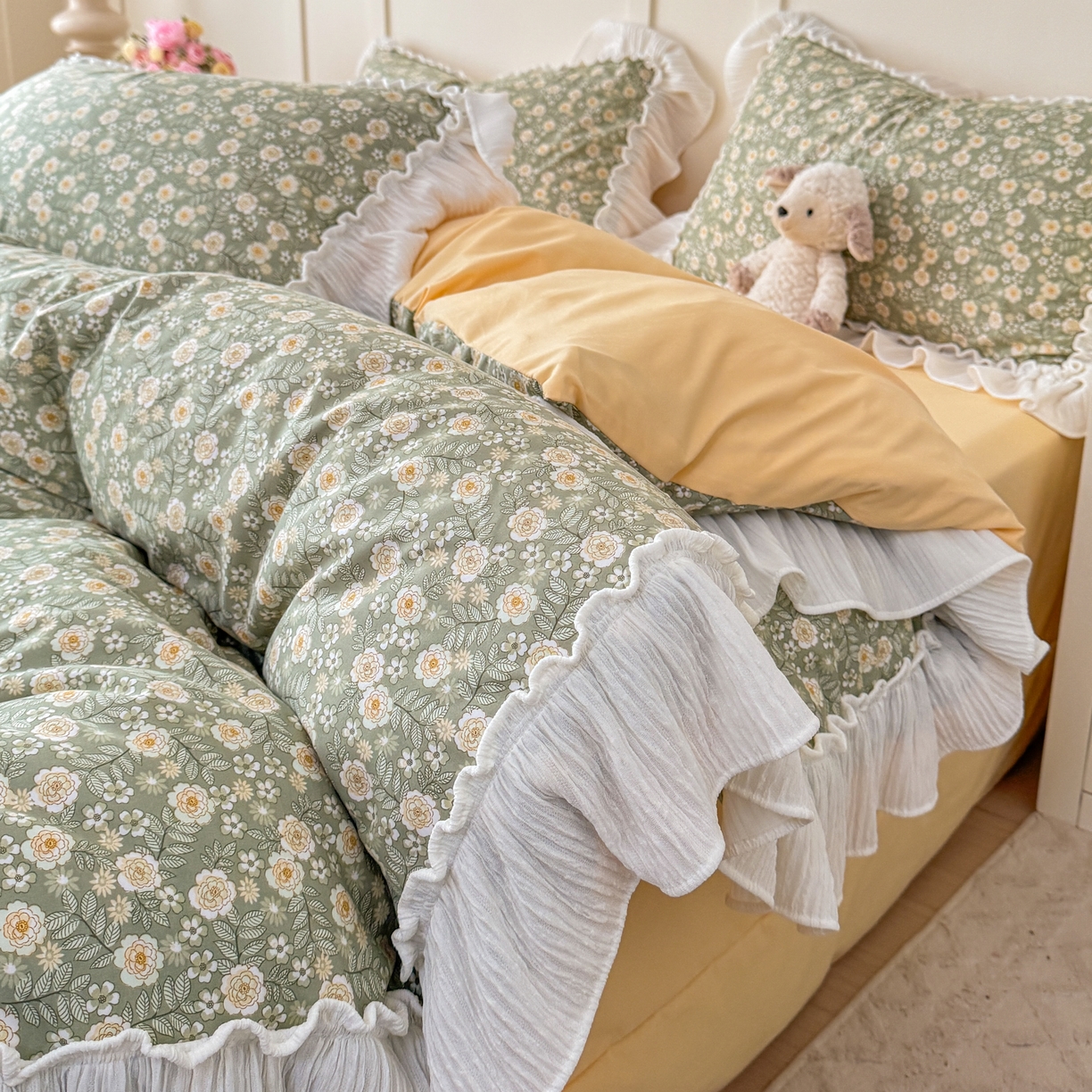 91家纺网 家纺一手货源 找家纺 橘子家 2026新款柔肤棉床单四件套 悠然-绿