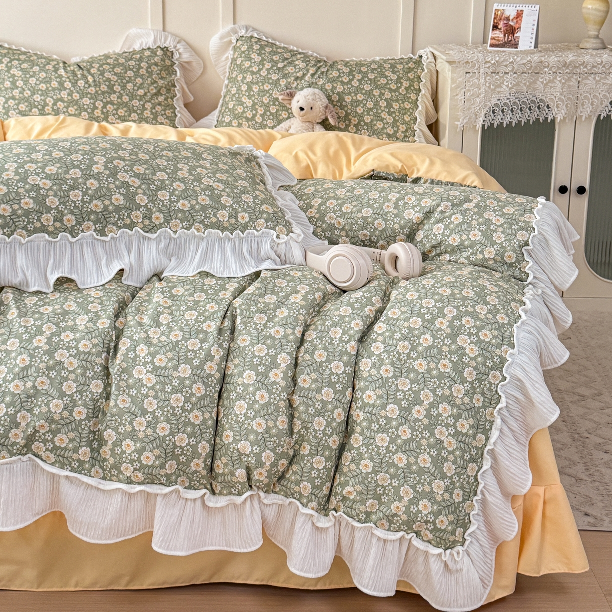 91家纺网 家纺一手货源 找家纺 橘子家 2026新款柔肤棉床单四件套 悠然-绿