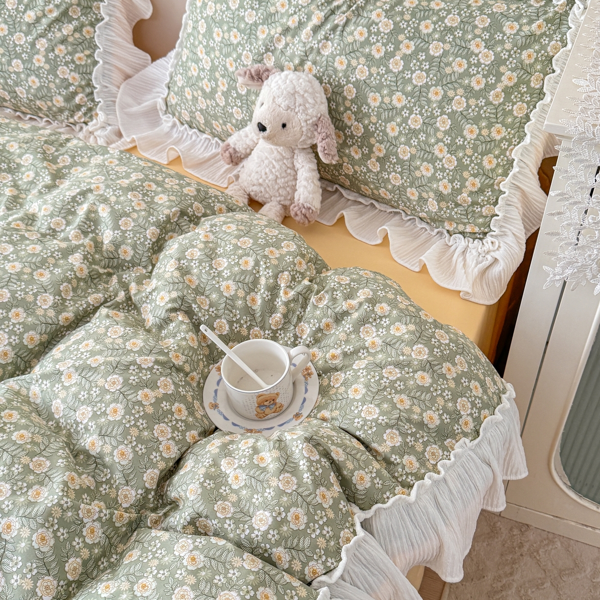 91家纺网 家纺一手货源 找家纺 橘子家 2026新款柔肤棉床单四件套 悠然-绿