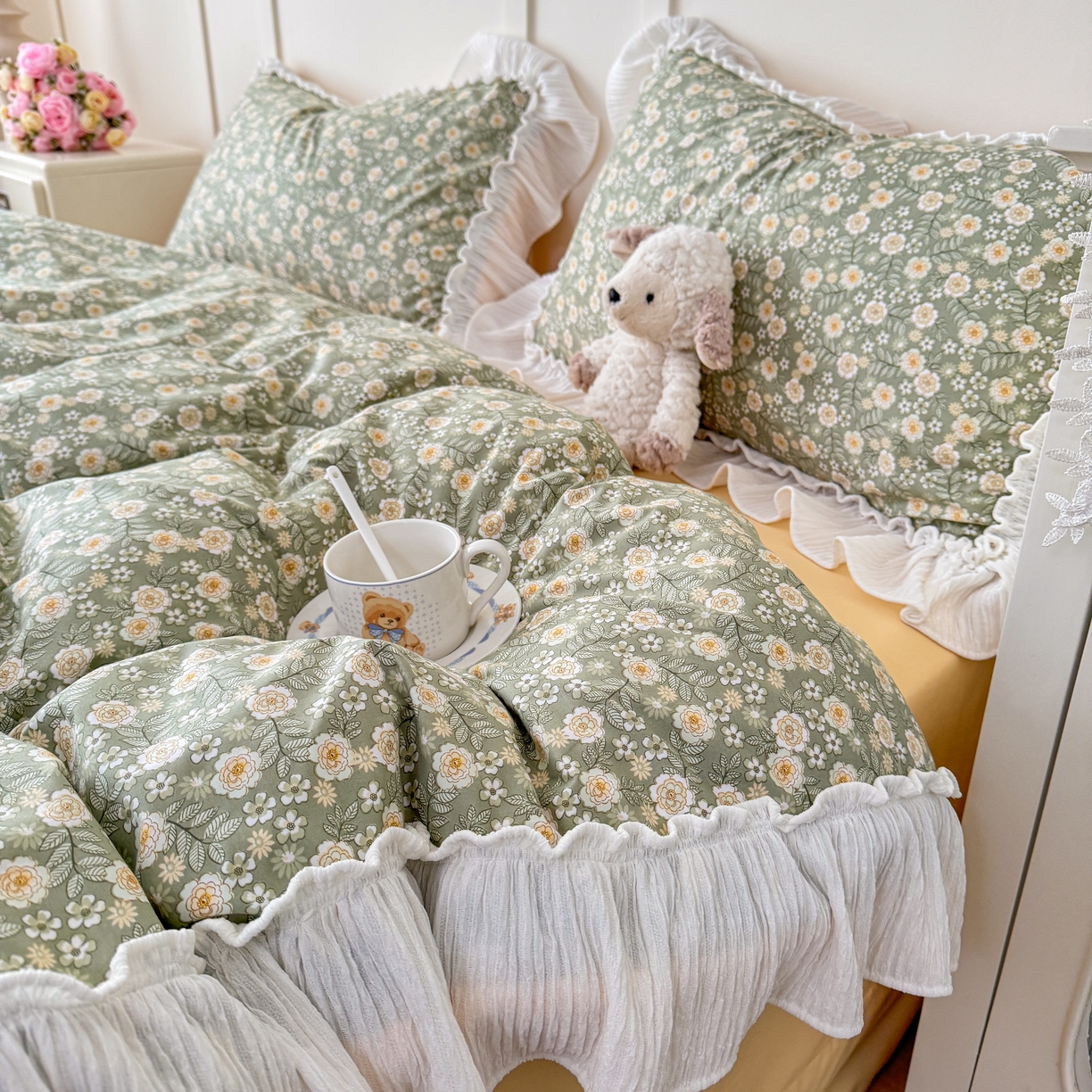 91家纺网 家纺一手货源 找家纺 橘子家 2026新款柔肤棉床单四件套 悠然-绿