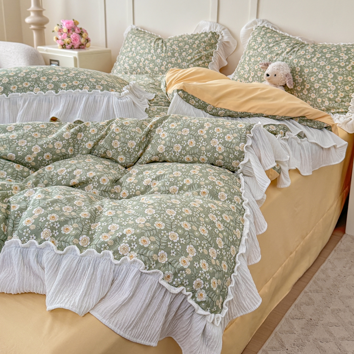 91家纺网 家纺一手货源 找家纺 橘子家 2026新款柔肤棉床单四件套 悠然-绿