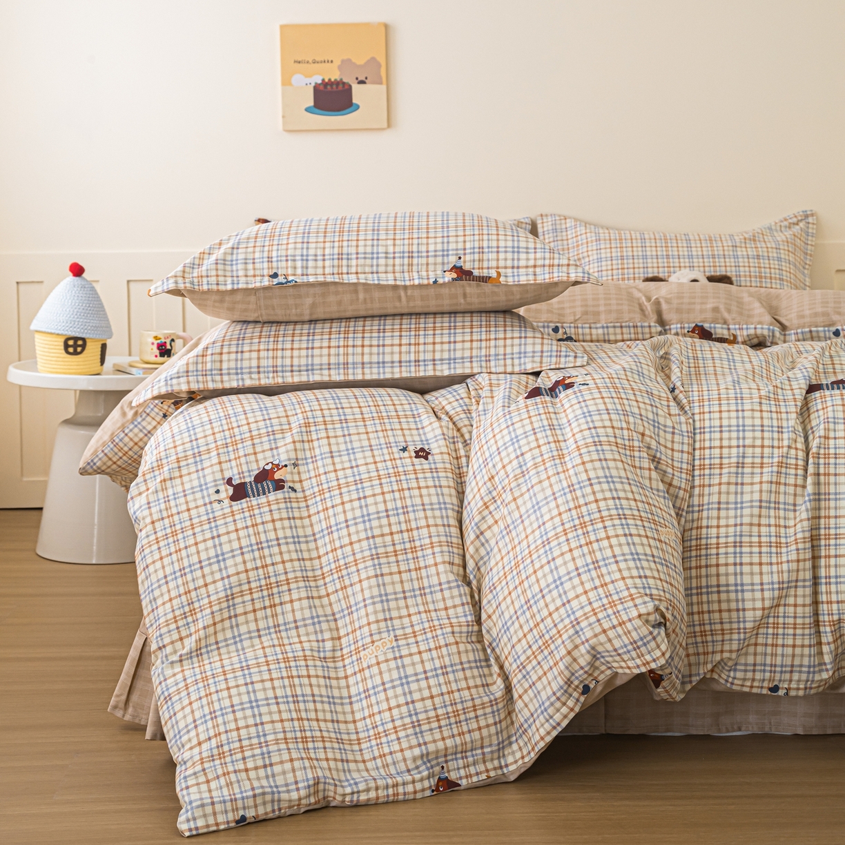 91家纺网 家纺一手货源 找家纺 梦纤绒 2026新款全棉纯棉印花四件套 可爱皮皮狗