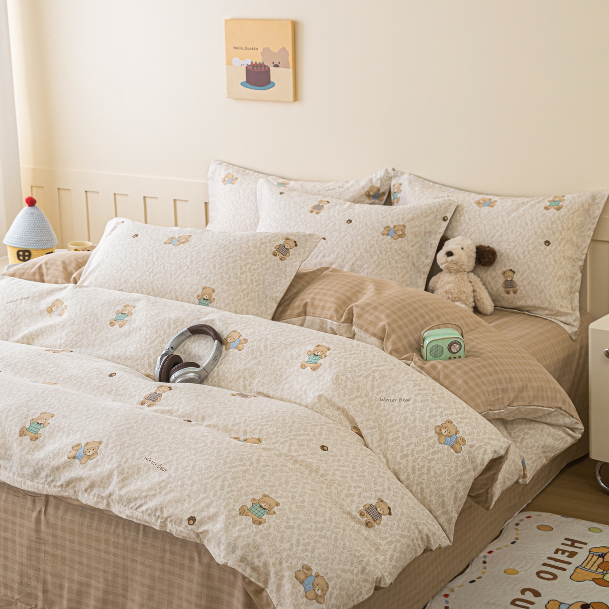 91家纺网 家纺一手货源 找家纺 梦纤绒 2026新款全棉纯棉印花四件套 贴贴熊