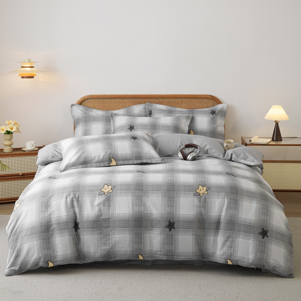 梦纤绒 2026新款全棉纯棉印花四件套 星月方格
